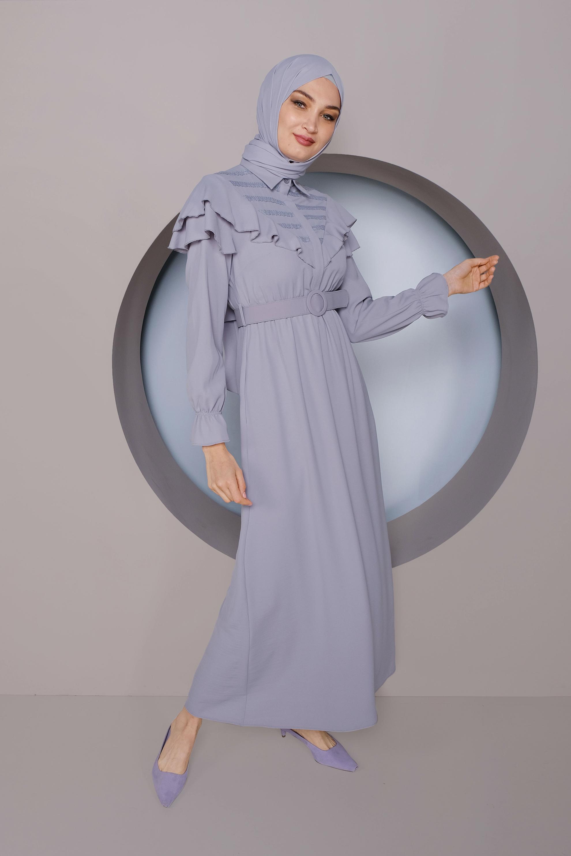 Tesettür giyim GRİ FIRFIRLI KEMERLİ ELBİSE 40816