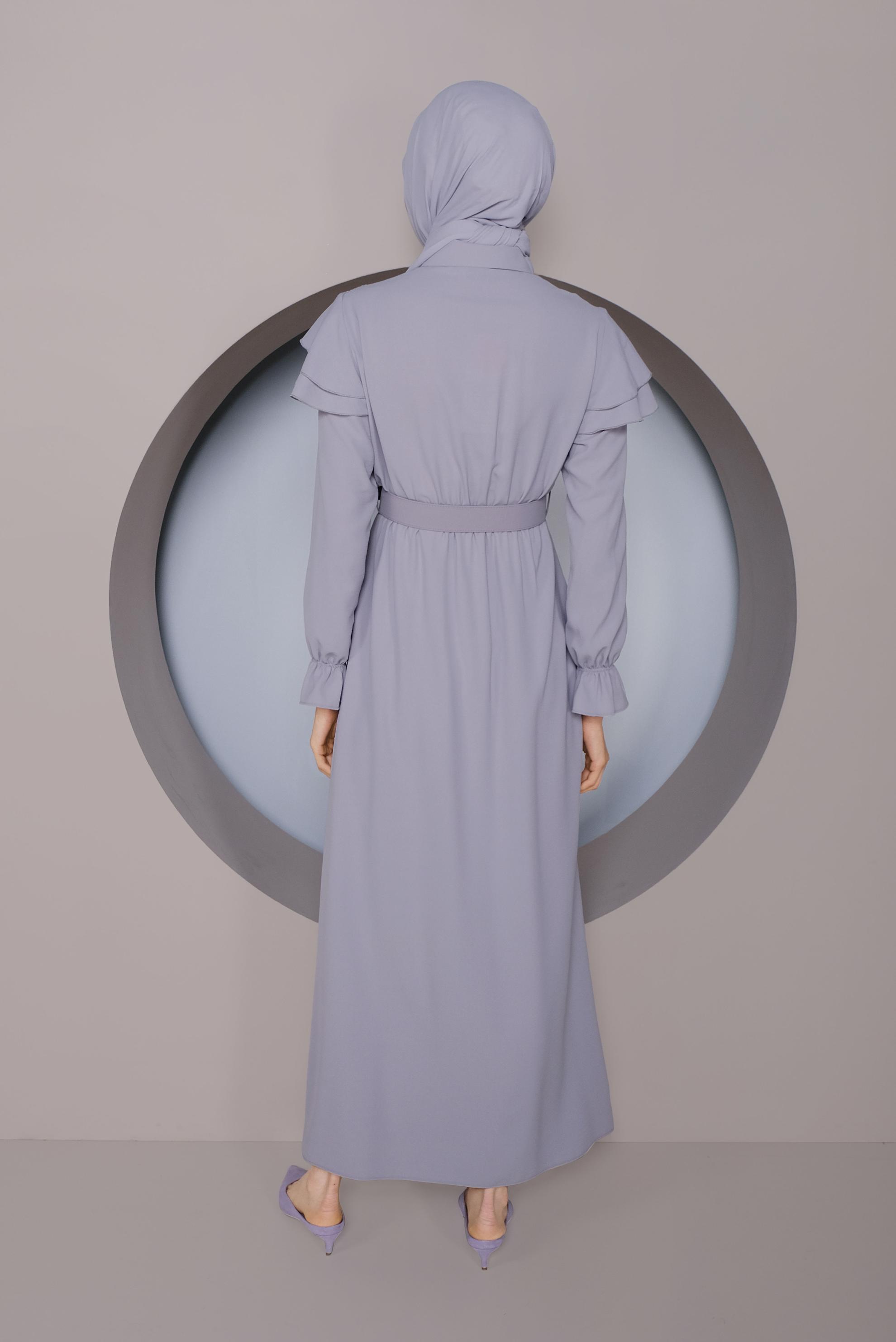 Tesettür giyim GRİ FIRFIRLI KEMERLİ ELBİSE 40816