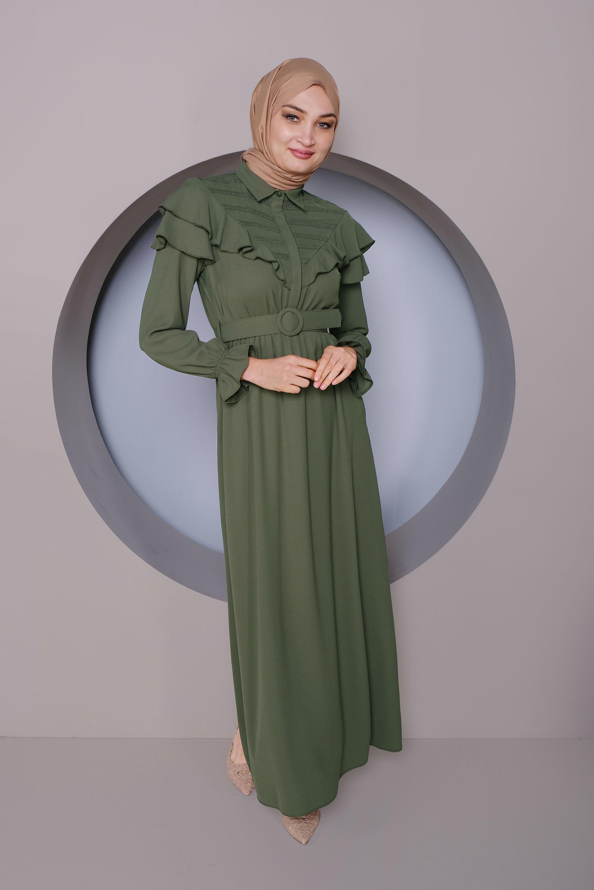 Tesettür giyim HAKİ FIRFIRLI KEMERLİ ELBİSE 40816