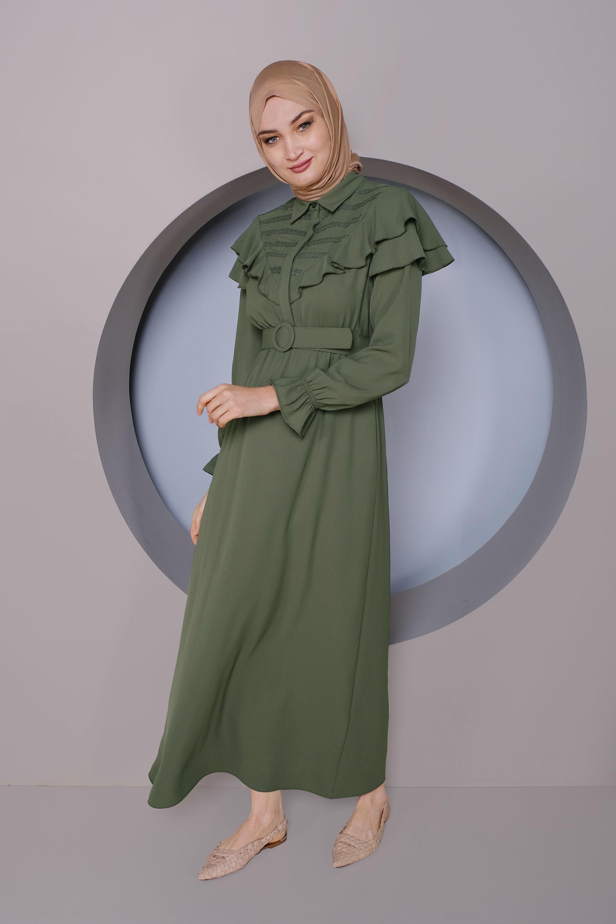 Tesettür giyim HAKİ FIRFIRLI KEMERLİ ELBİSE 40816