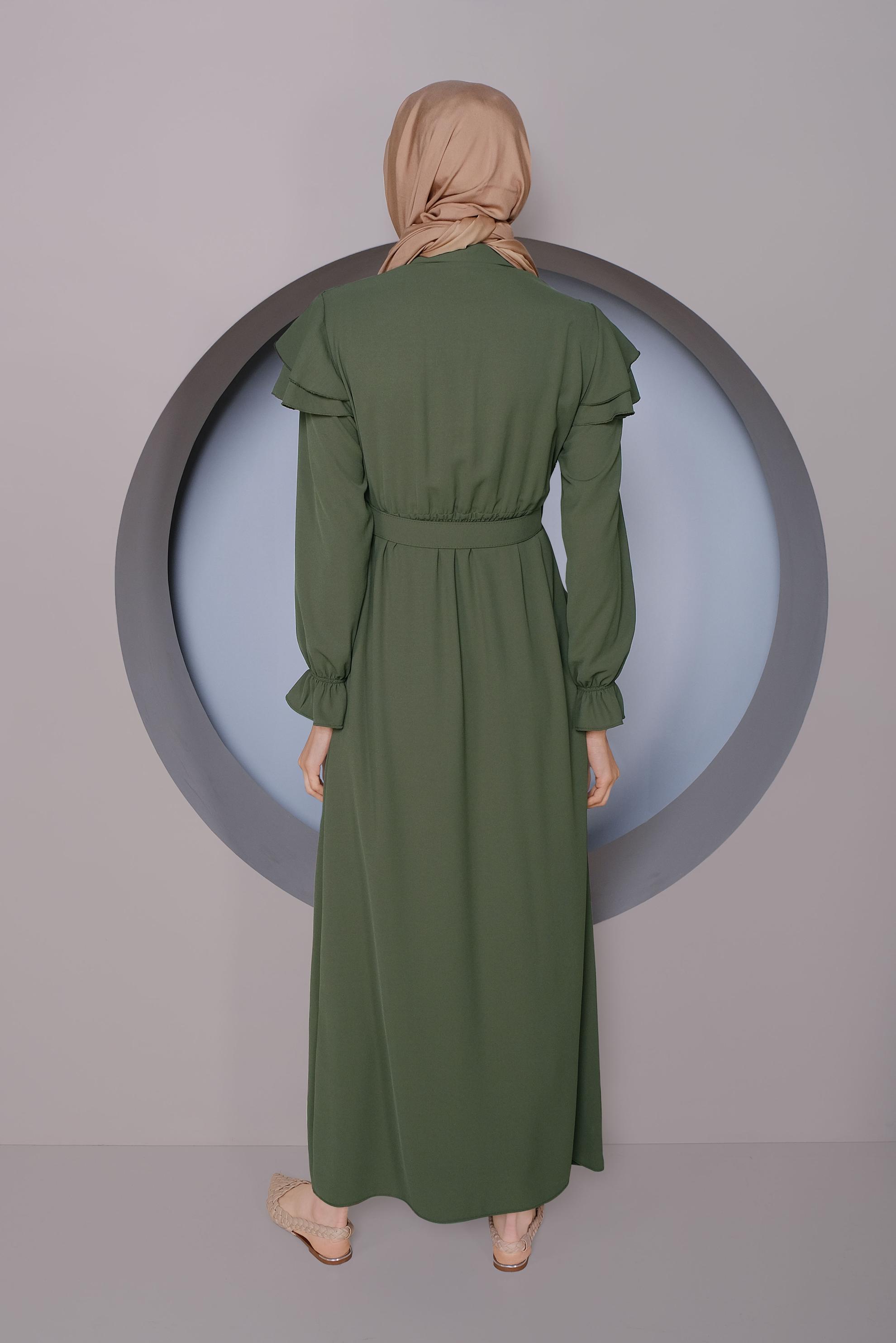 Tesettür giyim HAKİ FIRFIRLI KEMERLİ ELBİSE 40816