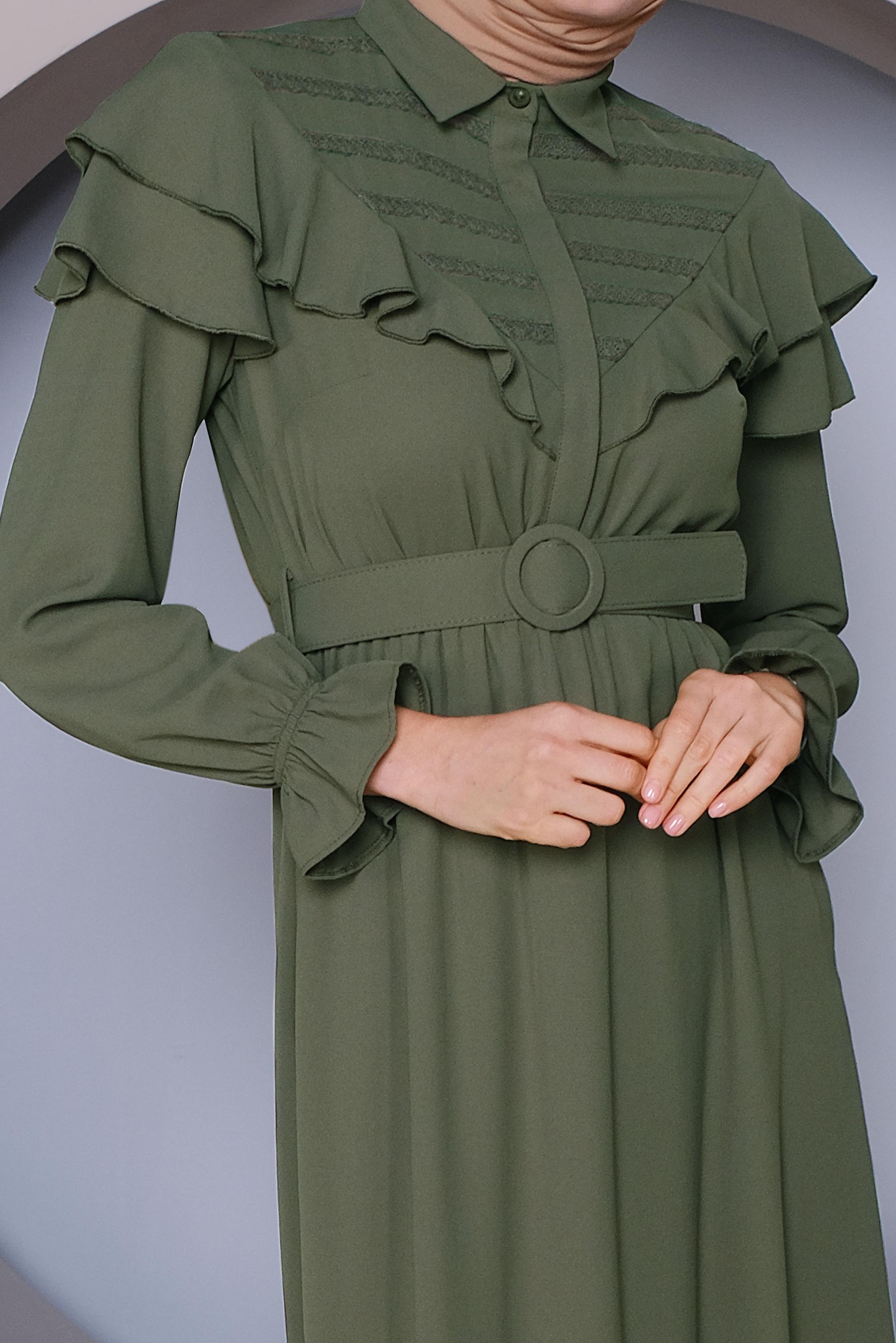 Tesettür giyim HAKİ FIRFIRLI KEMERLİ ELBİSE 40816