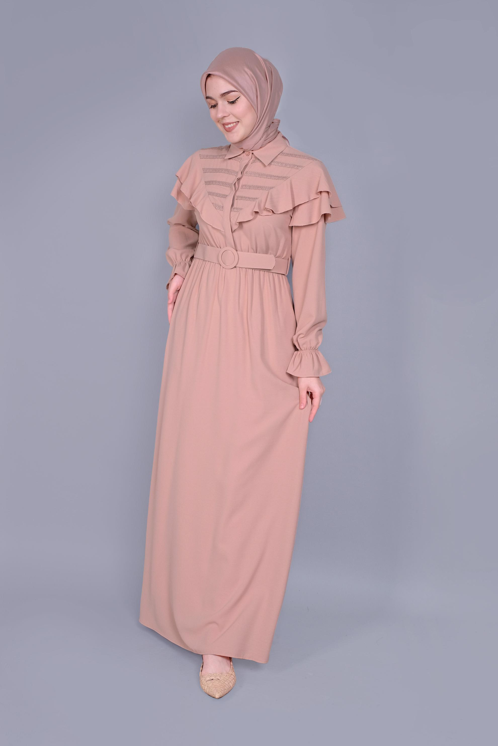 Tesettür giyim PUDRA FIRFIRLI KEMERLİ ELBİSE 40816
