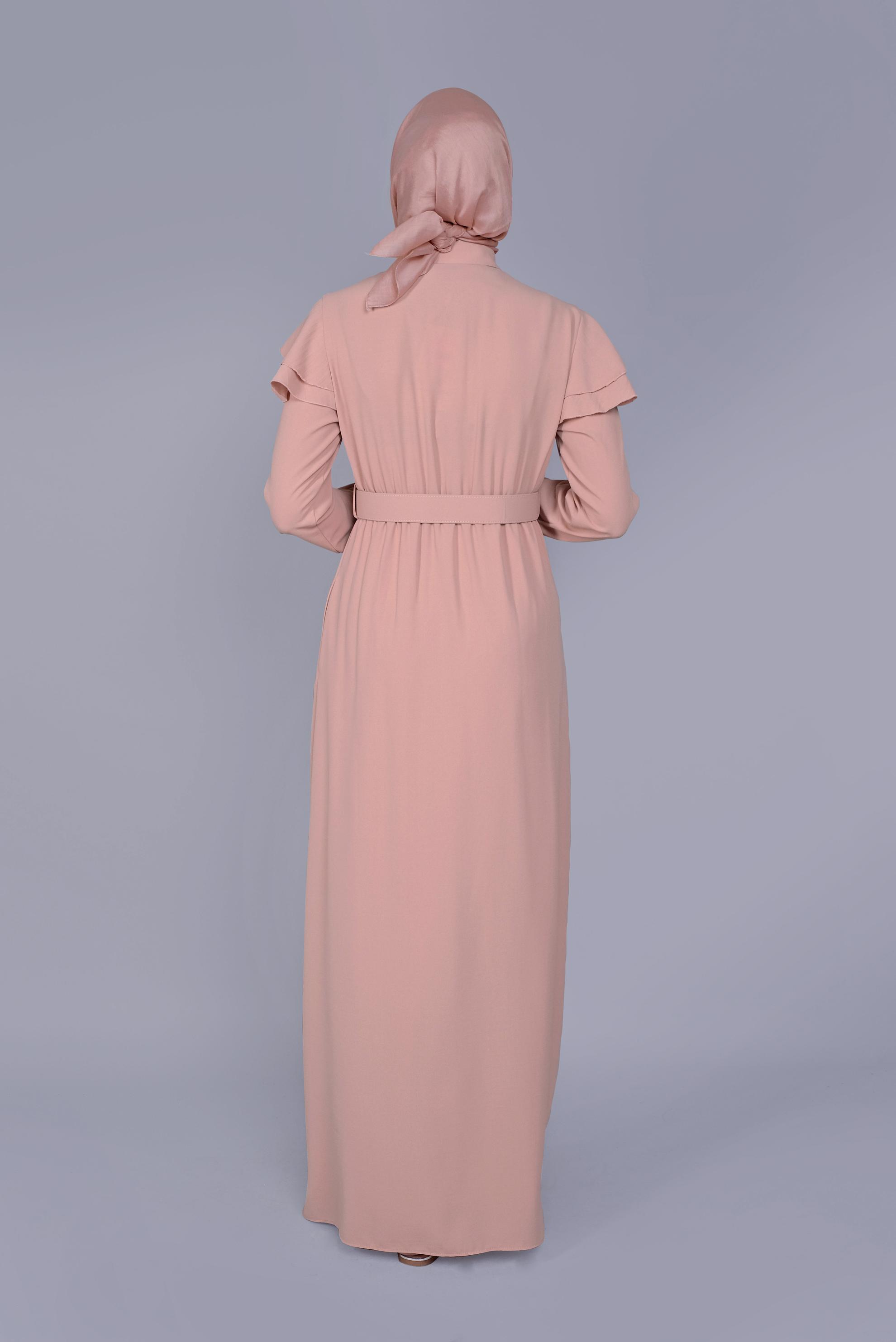 Tesettür giyim PUDRA FIRFIRLI KEMERLİ ELBİSE 40816