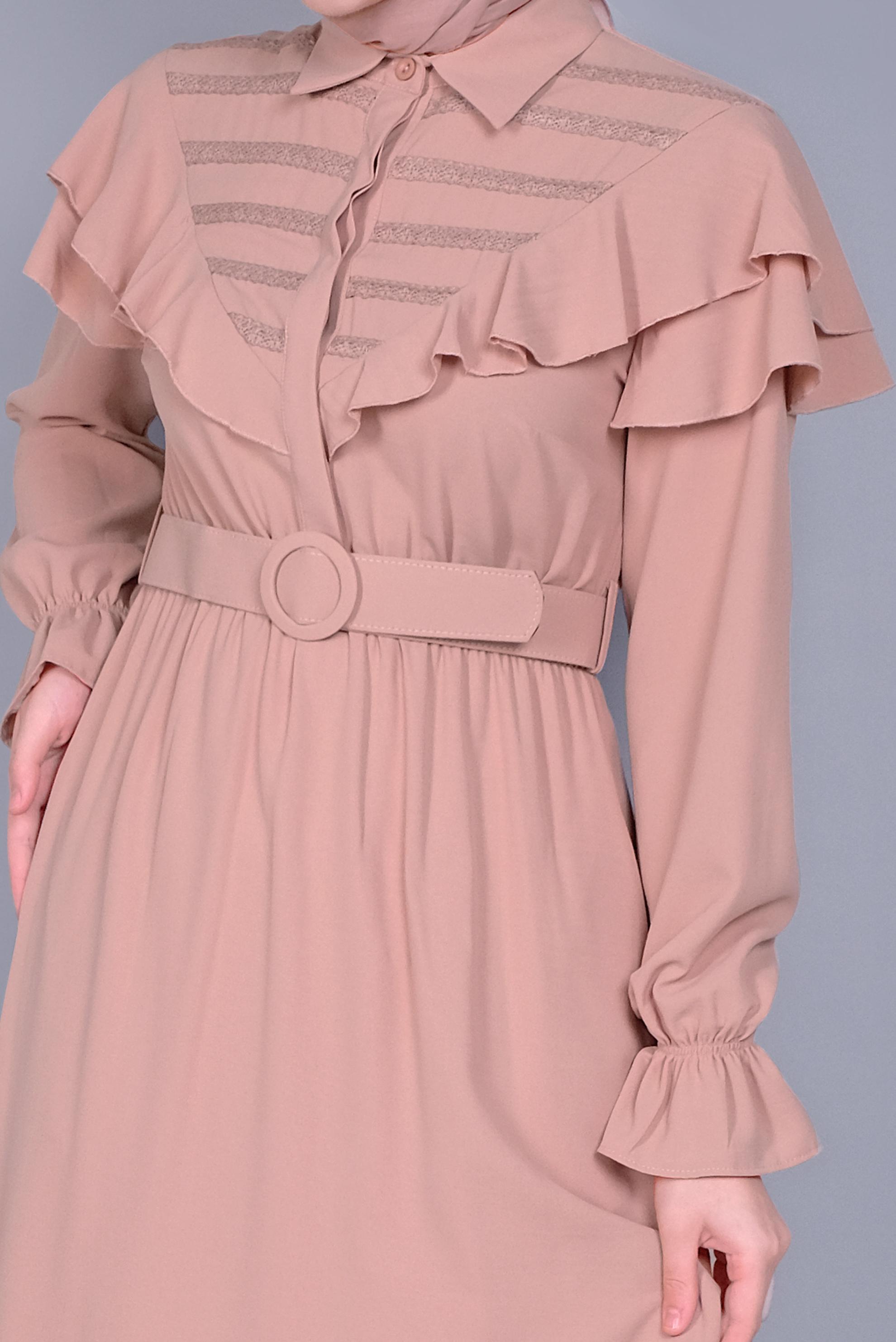 Tesettür giyim PUDRA FIRFIRLI KEMERLİ ELBİSE 40816