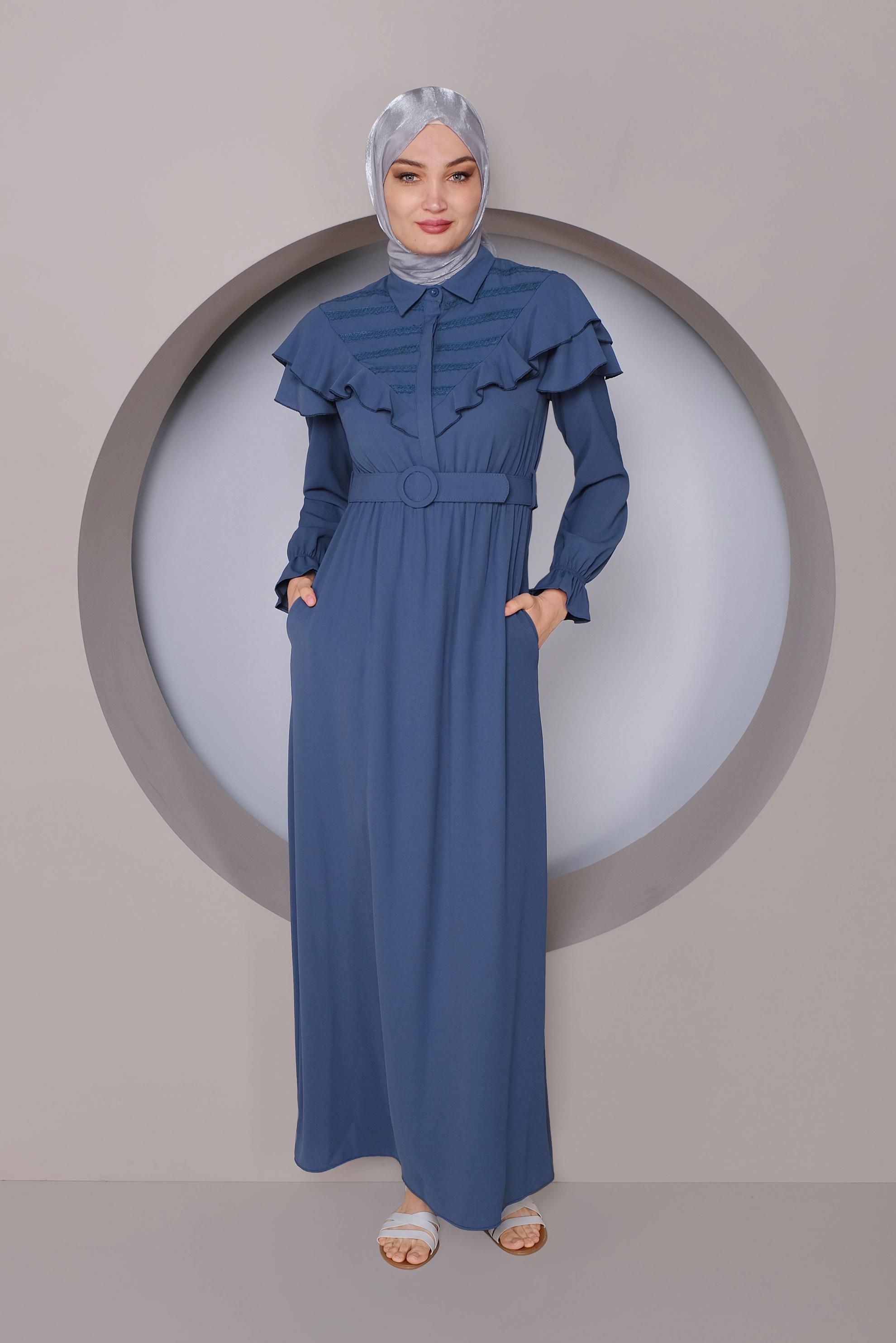 Tesettür giyim LACİVERT FIRFIRLI KEMERLİ ELBİSE 40816