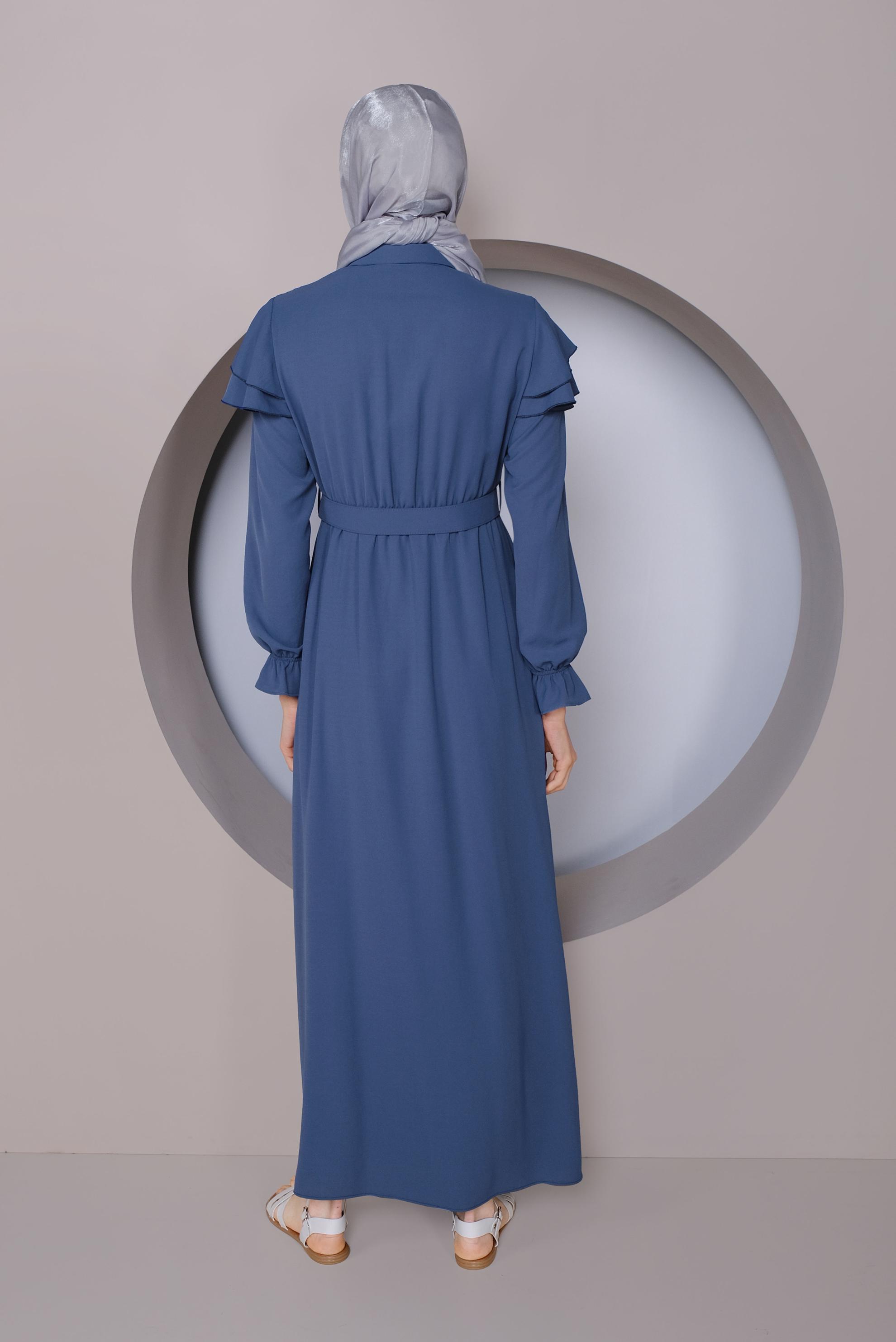 Tesettür giyim LACİVERT FIRFIRLI KEMERLİ ELBİSE 40816