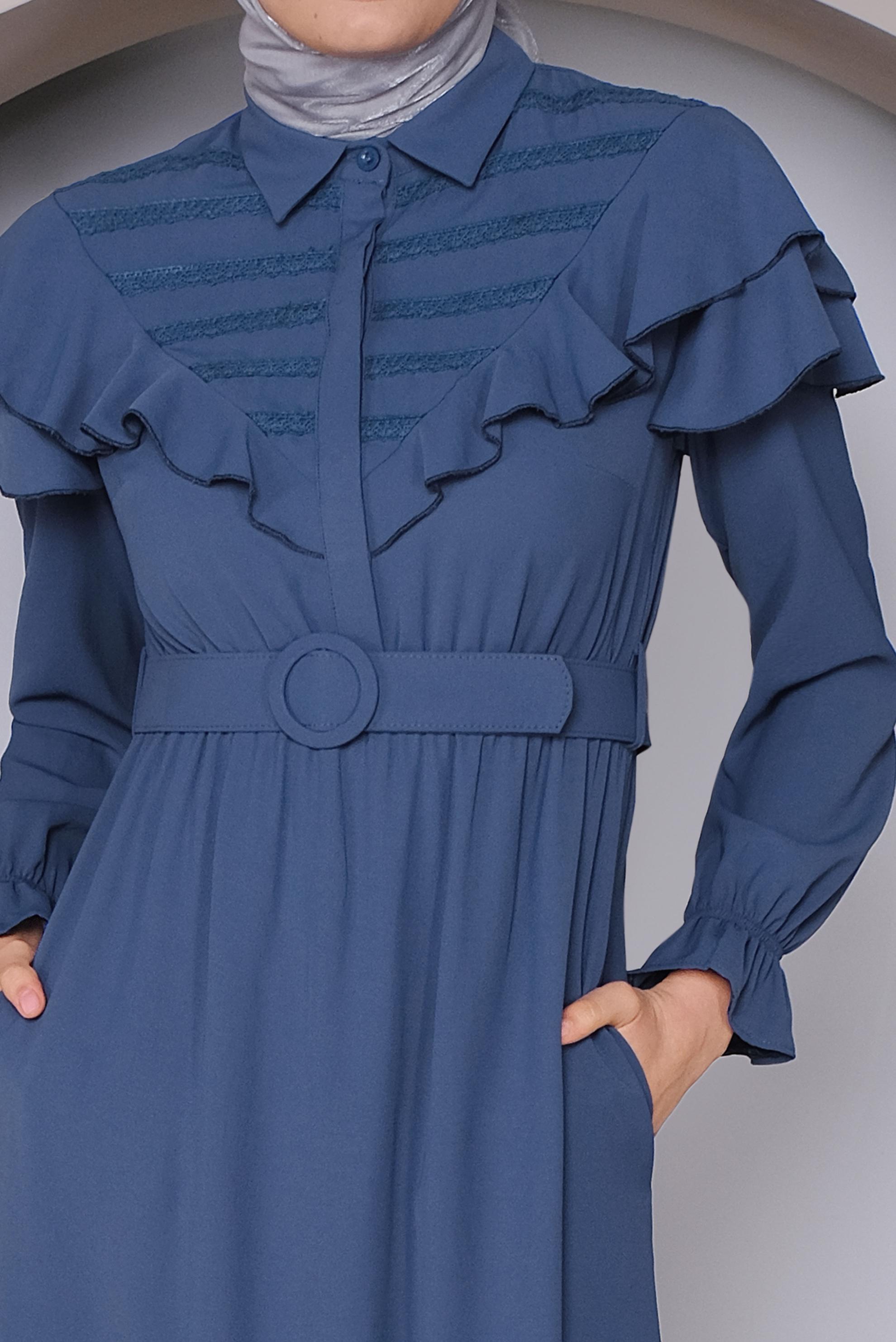 Tesettür giyim LACİVERT FIRFIRLI KEMERLİ ELBİSE 40816