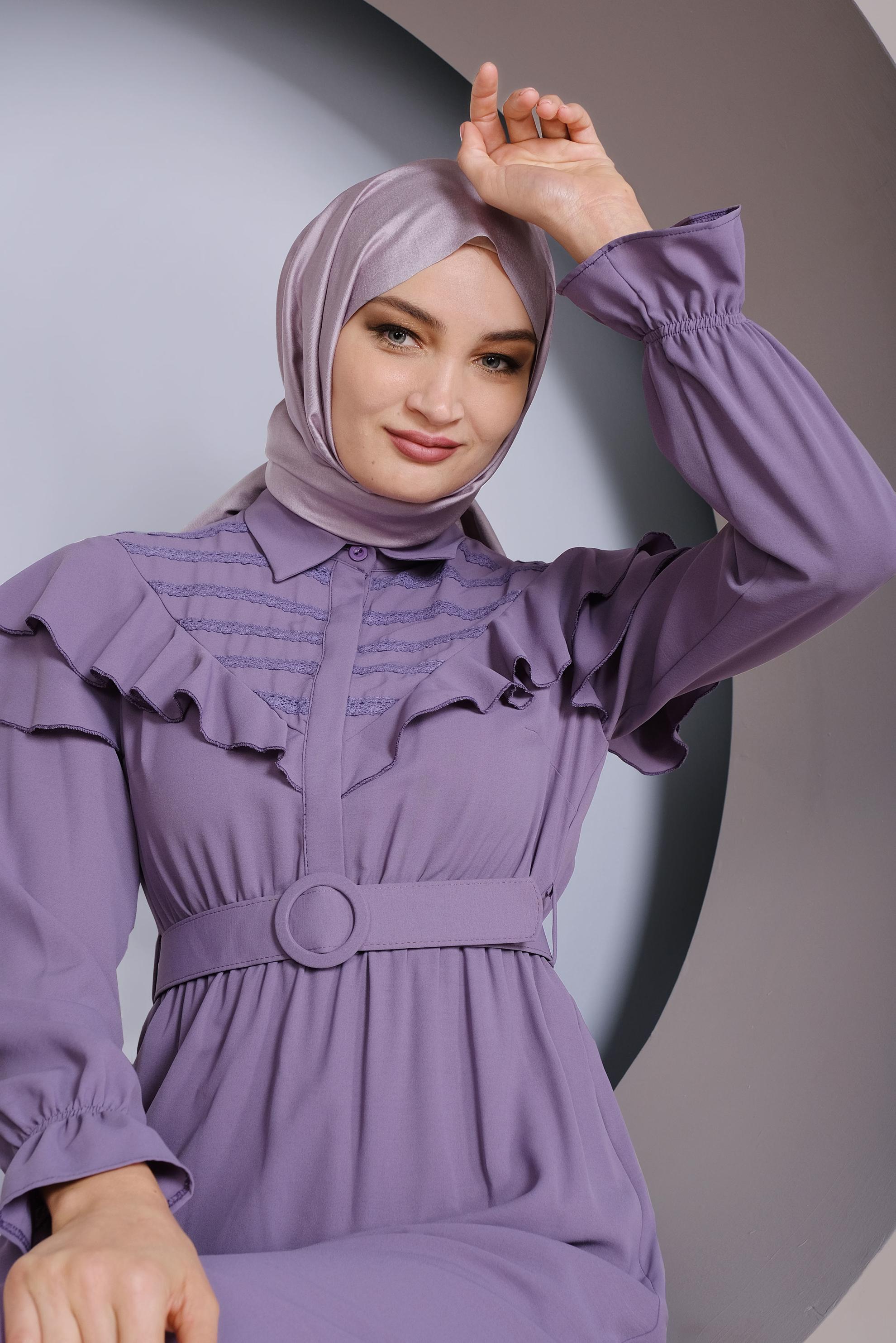 Tesettür giyim MOR FIRFIRLI KEMERLİ ELBİSE 40816