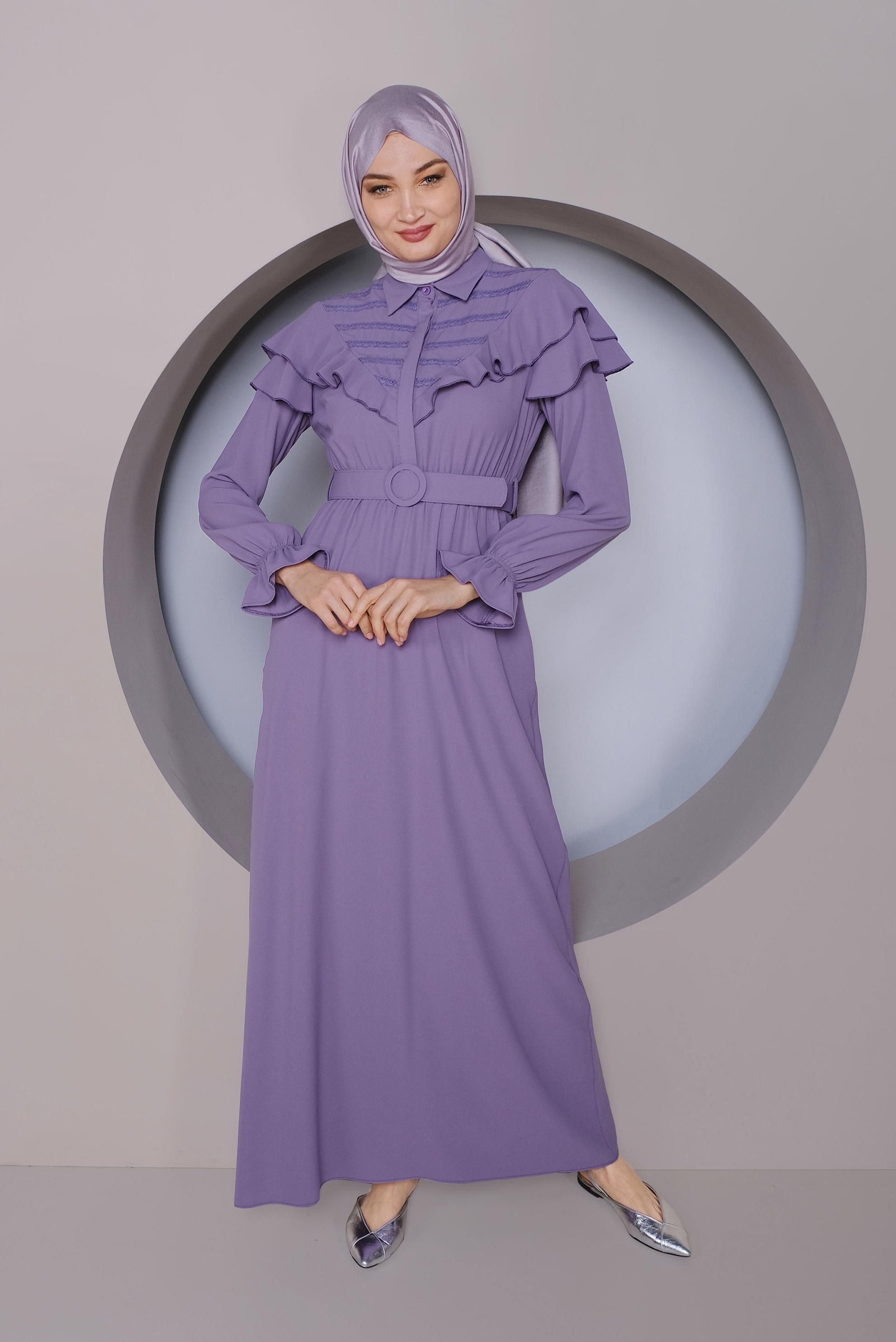 Tesettür giyim MOR FIRFIRLI KEMERLİ ELBİSE 40816