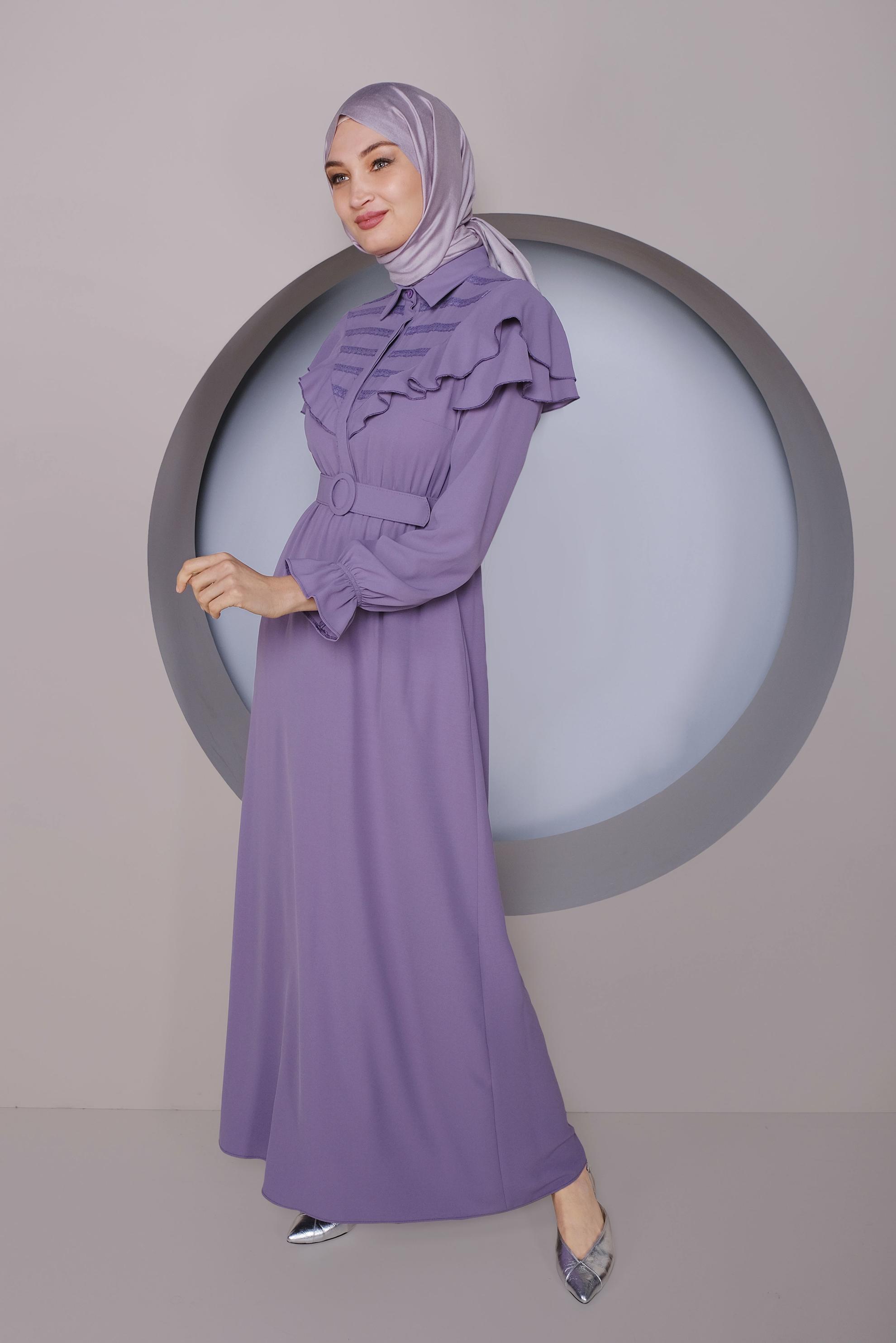 Tesettür giyim MOR FIRFIRLI KEMERLİ ELBİSE 40816