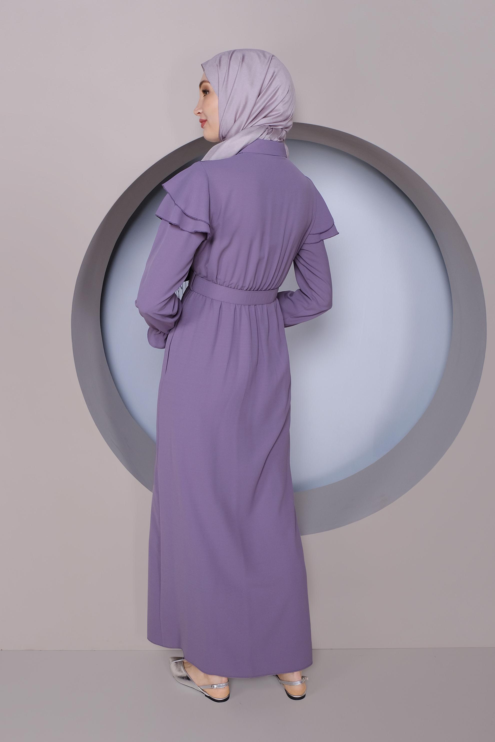 Tesettür giyim MOR FIRFIRLI KEMERLİ ELBİSE 40816