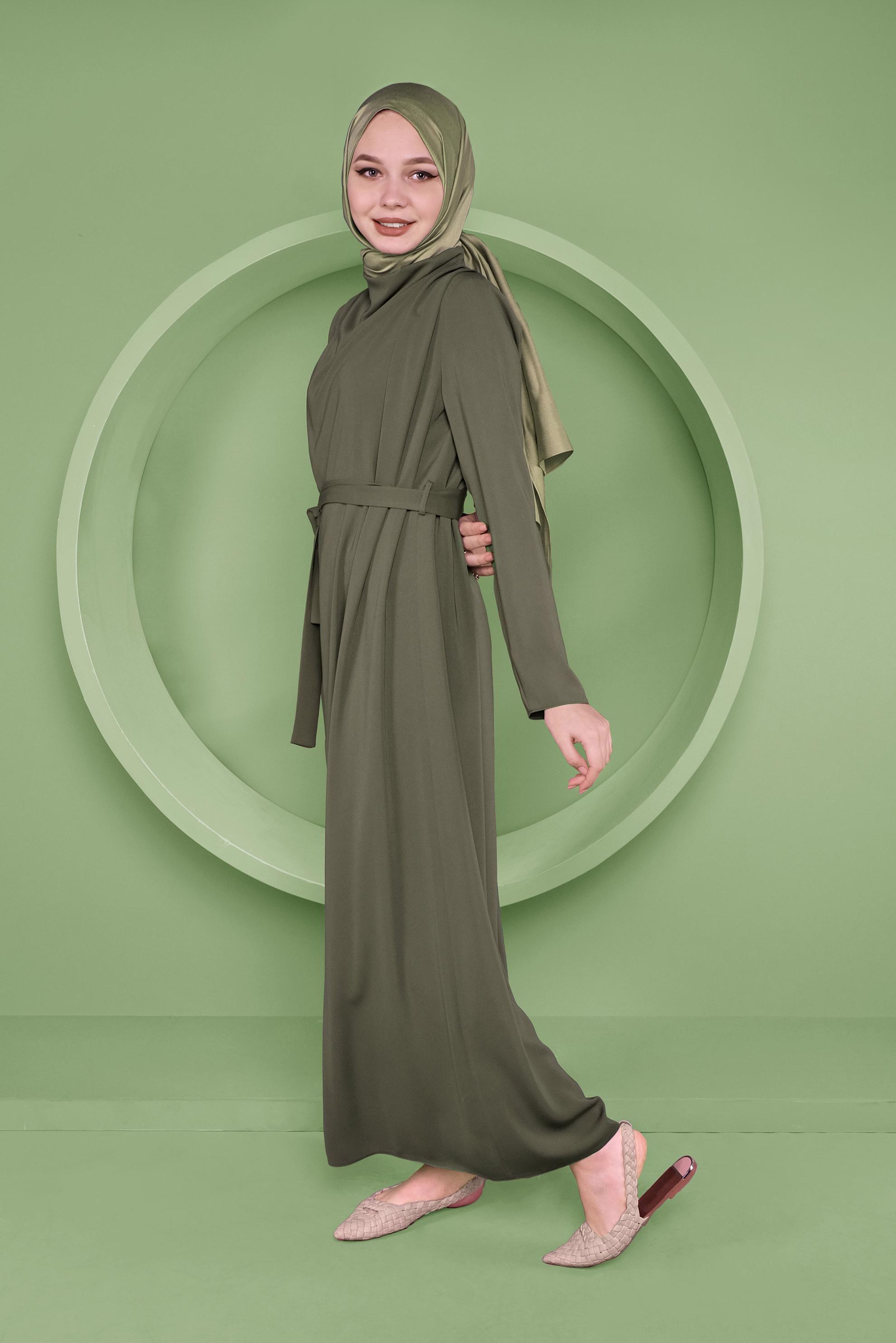 Tesettür giyim HAKİ SALAŞ YAKA DETAYLI ELBİSE 41357