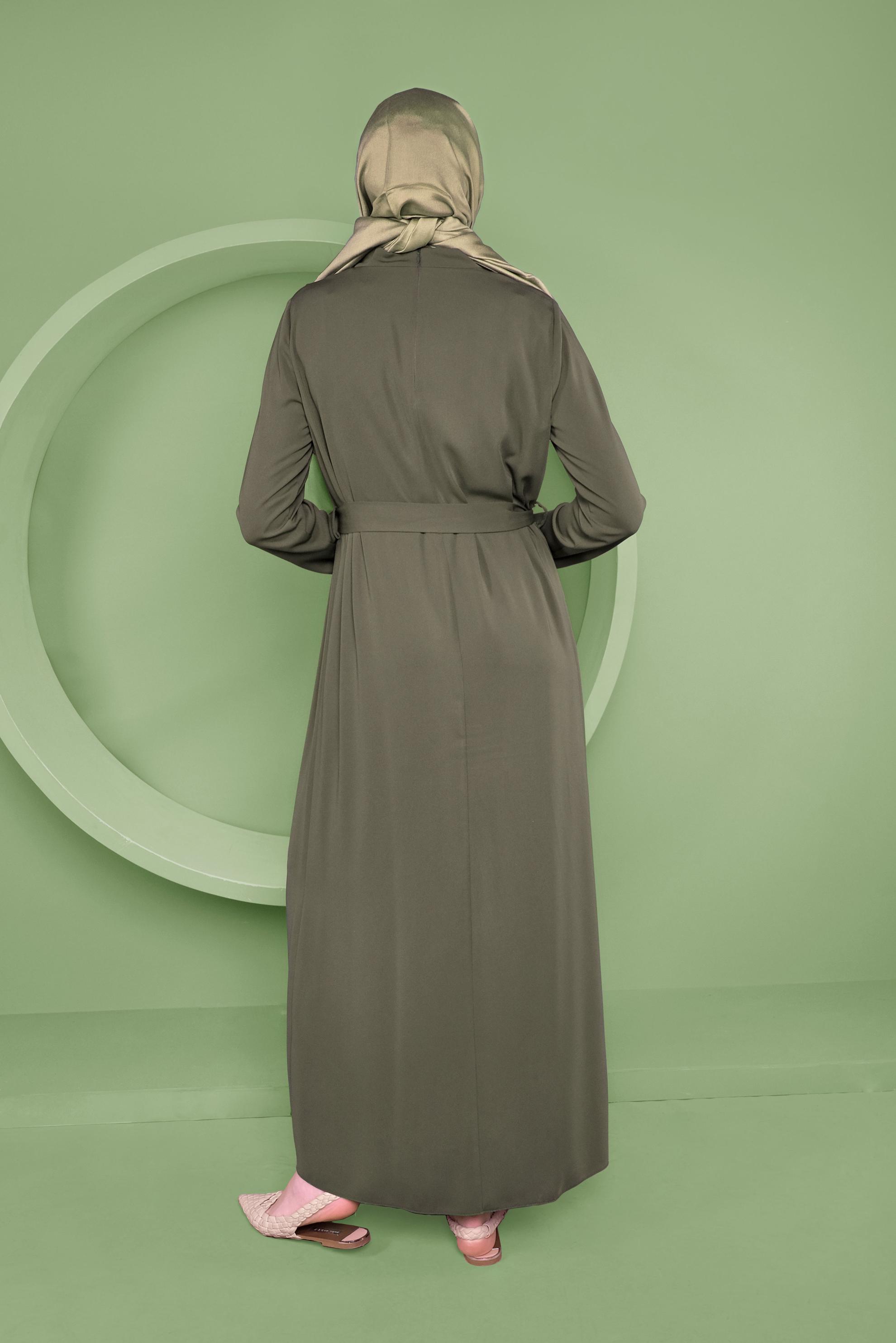 Tesettür giyim HAKİ SALAŞ YAKA DETAYLI ELBİSE 41357