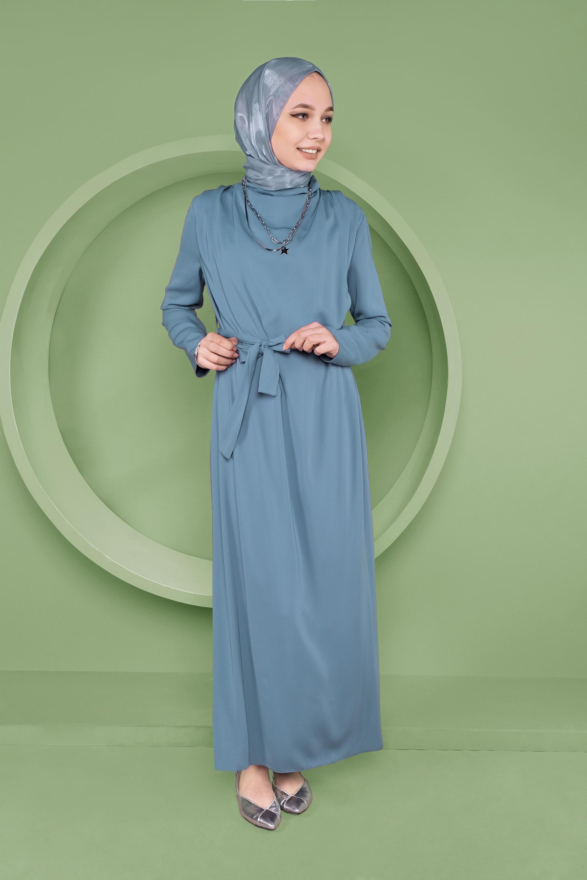 Tesettür giyim MAVİ SALAŞ YAKA DETAYLI ELBİSE 41357