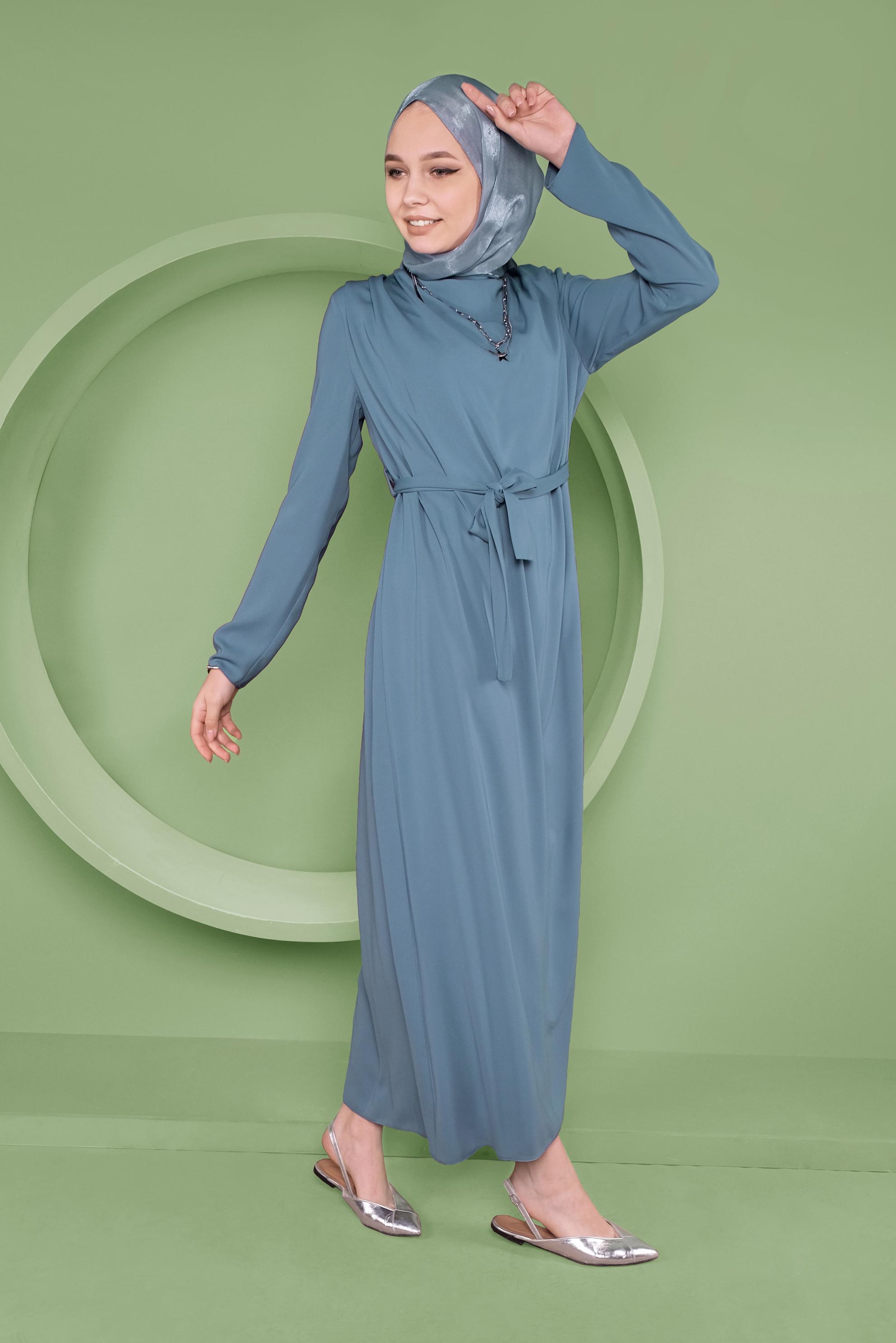 Tesettür giyim MAVİ SALAŞ YAKA DETAYLI ELBİSE 41357