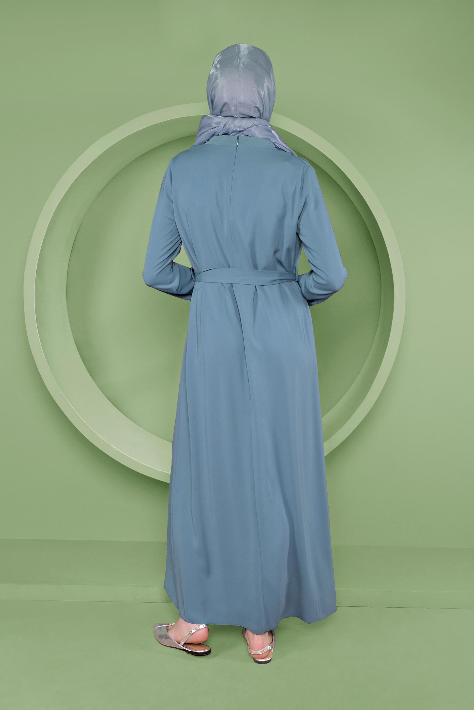 Tesettür giyim MAVİ SALAŞ YAKA DETAYLI ELBİSE 41357