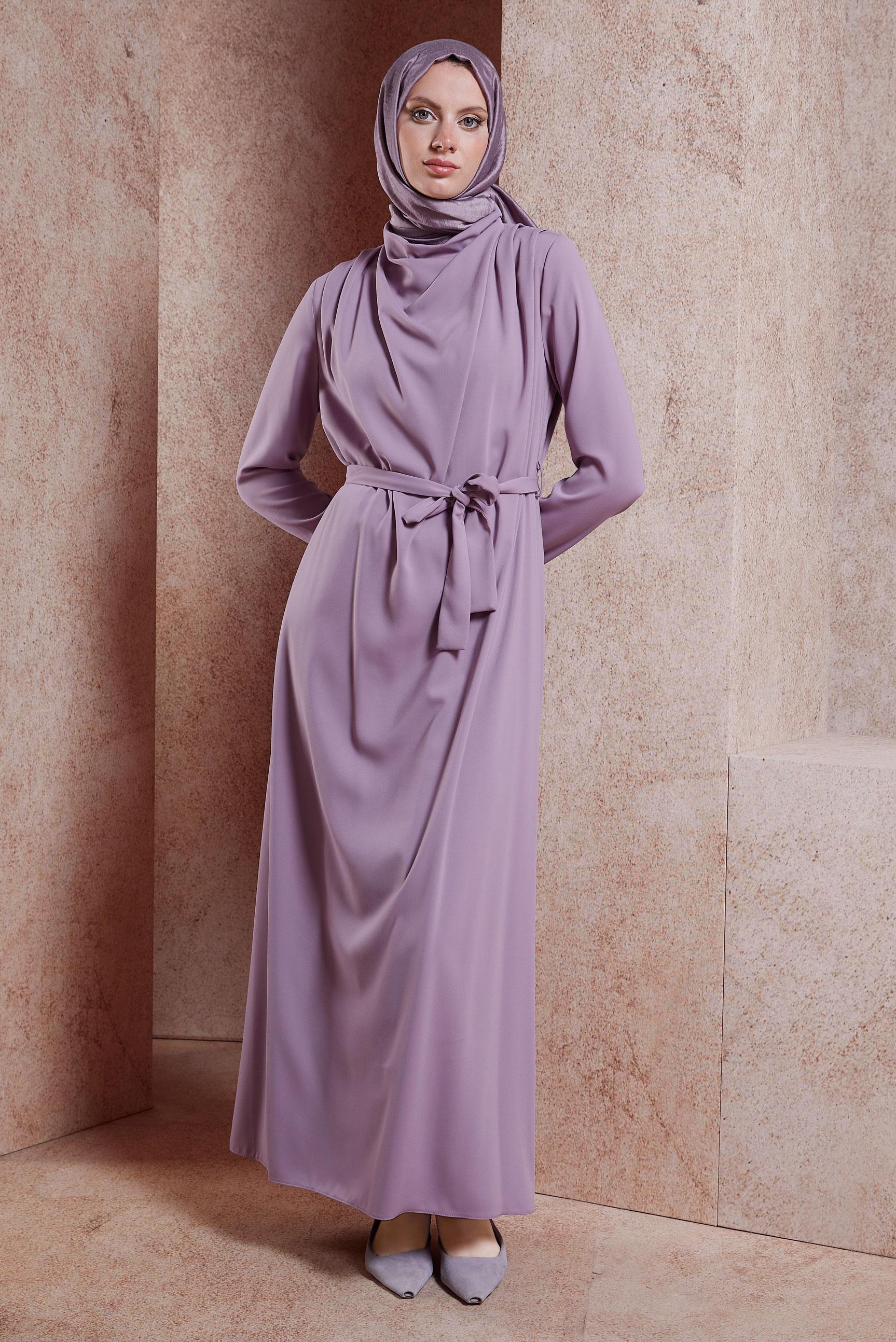 Tesettür giyim MOR SALAŞ YAKA DETAYLI ELBİSE 41357