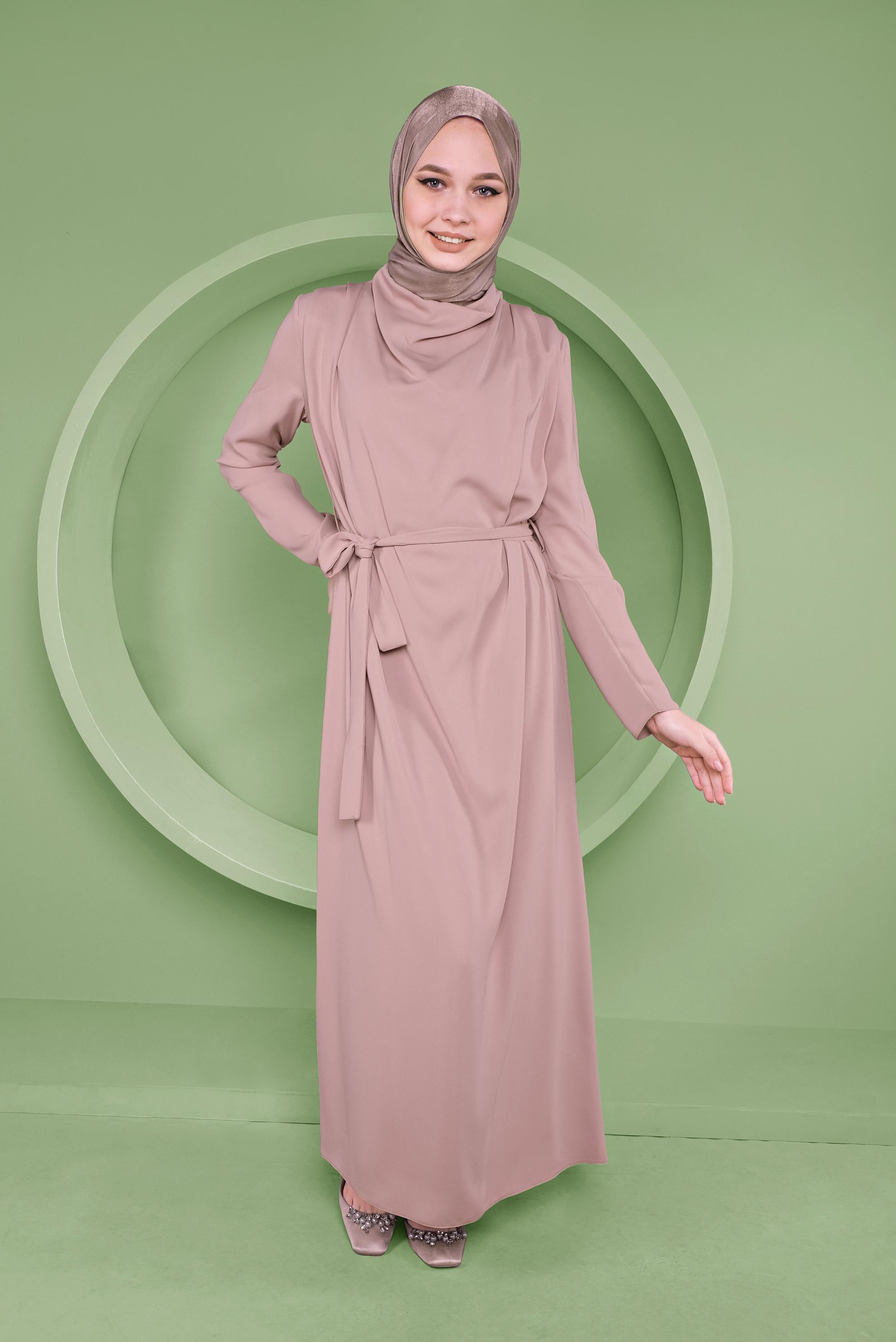 Tesettür giyim KAHVE SALAŞ YAKA DETAYLI ELBİSE 41357