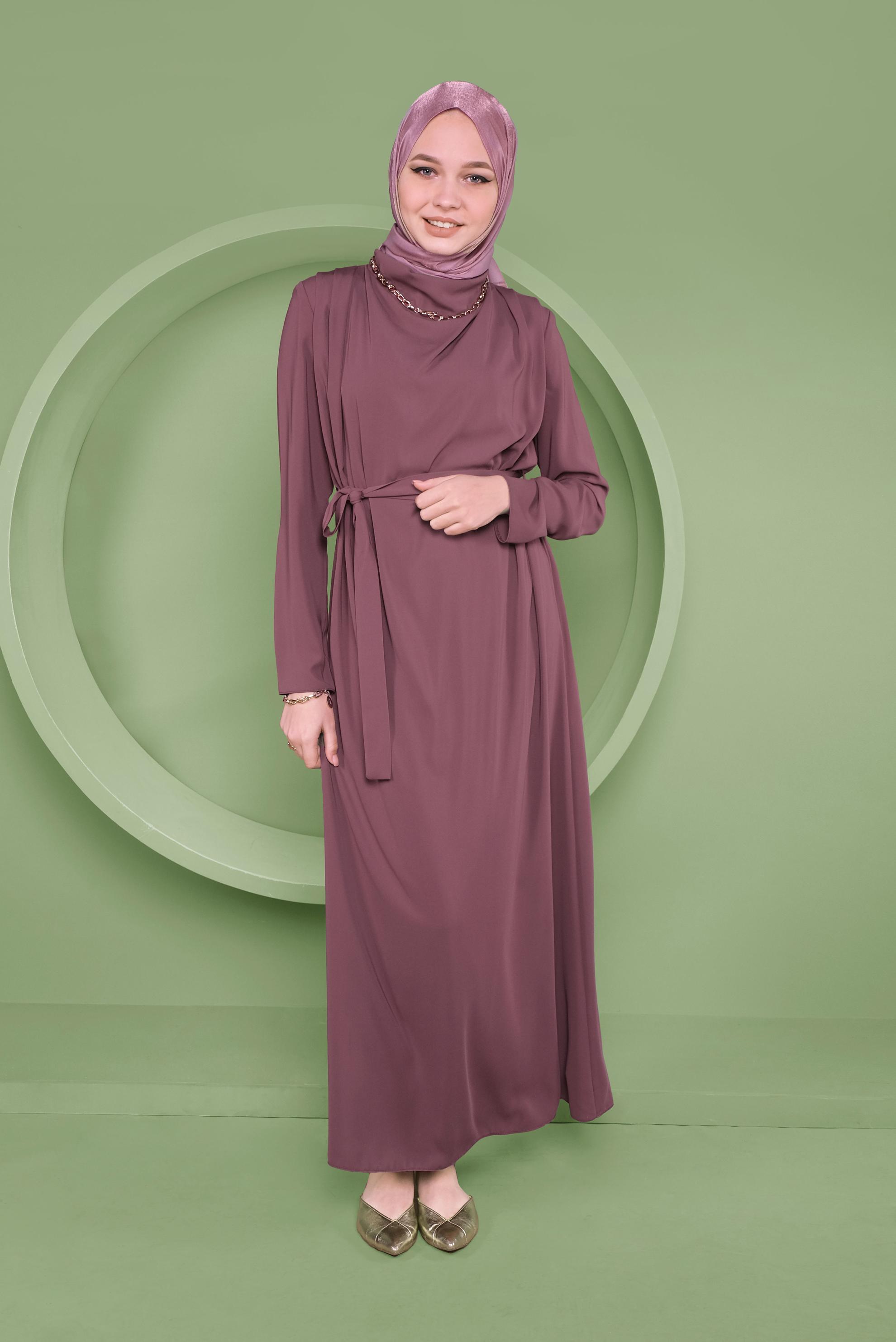 Tesettür giyim PEMBE SALAŞ YAKA DETAYLI ELBİSE 41357