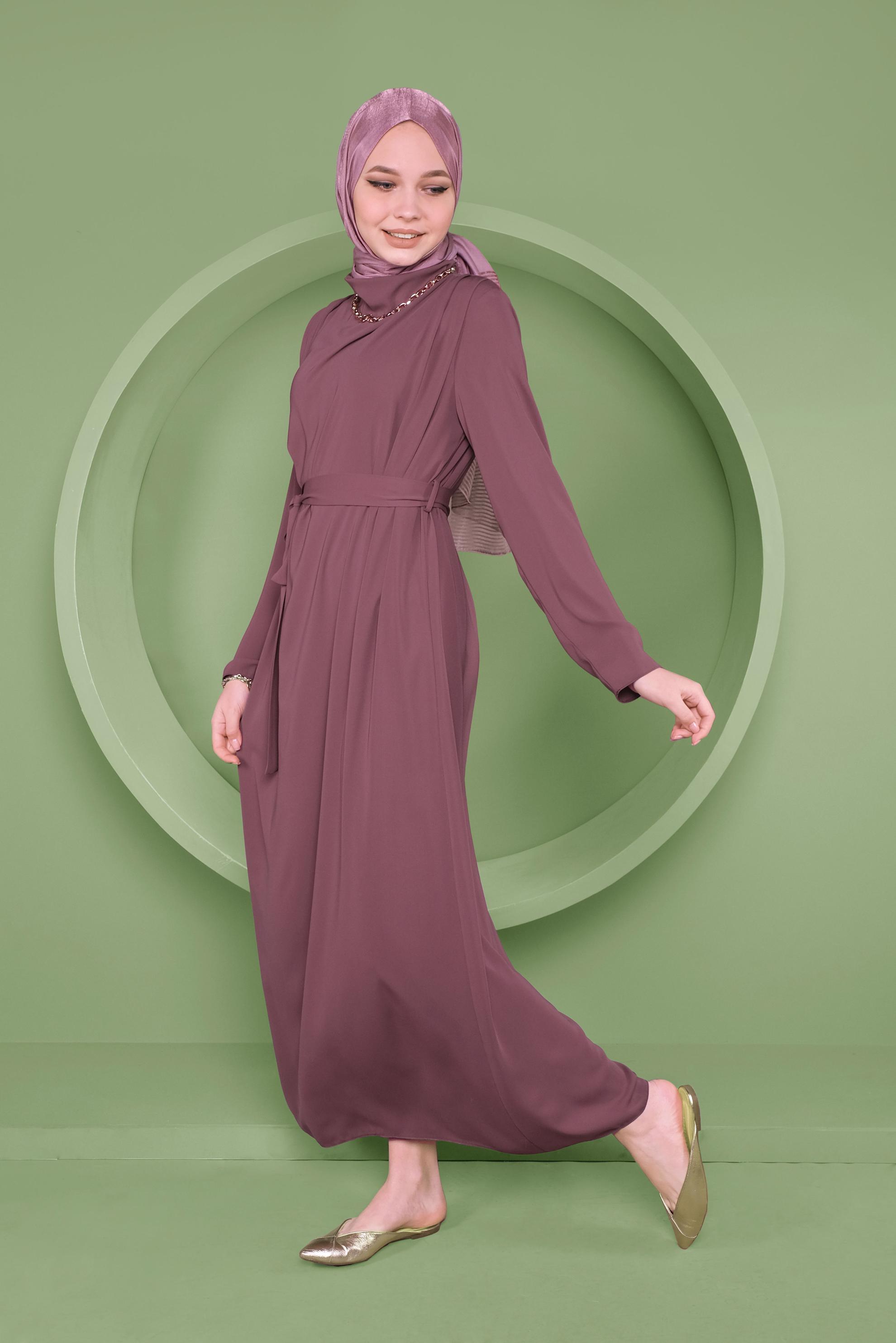 Tesettür giyim PEMBE SALAŞ YAKA DETAYLI ELBİSE 41357