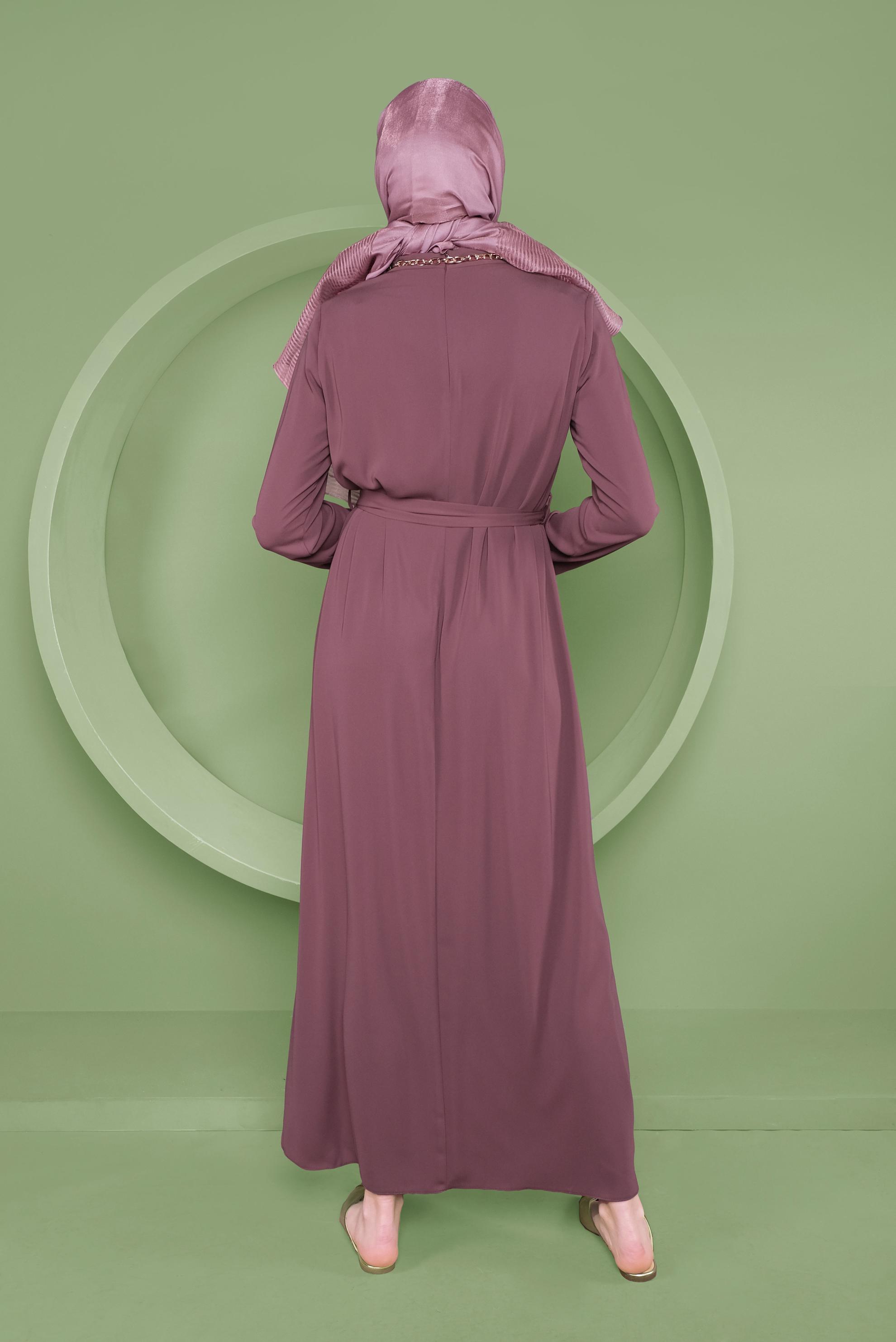 Tesettür giyim PEMBE SALAŞ YAKA DETAYLI ELBİSE 41357