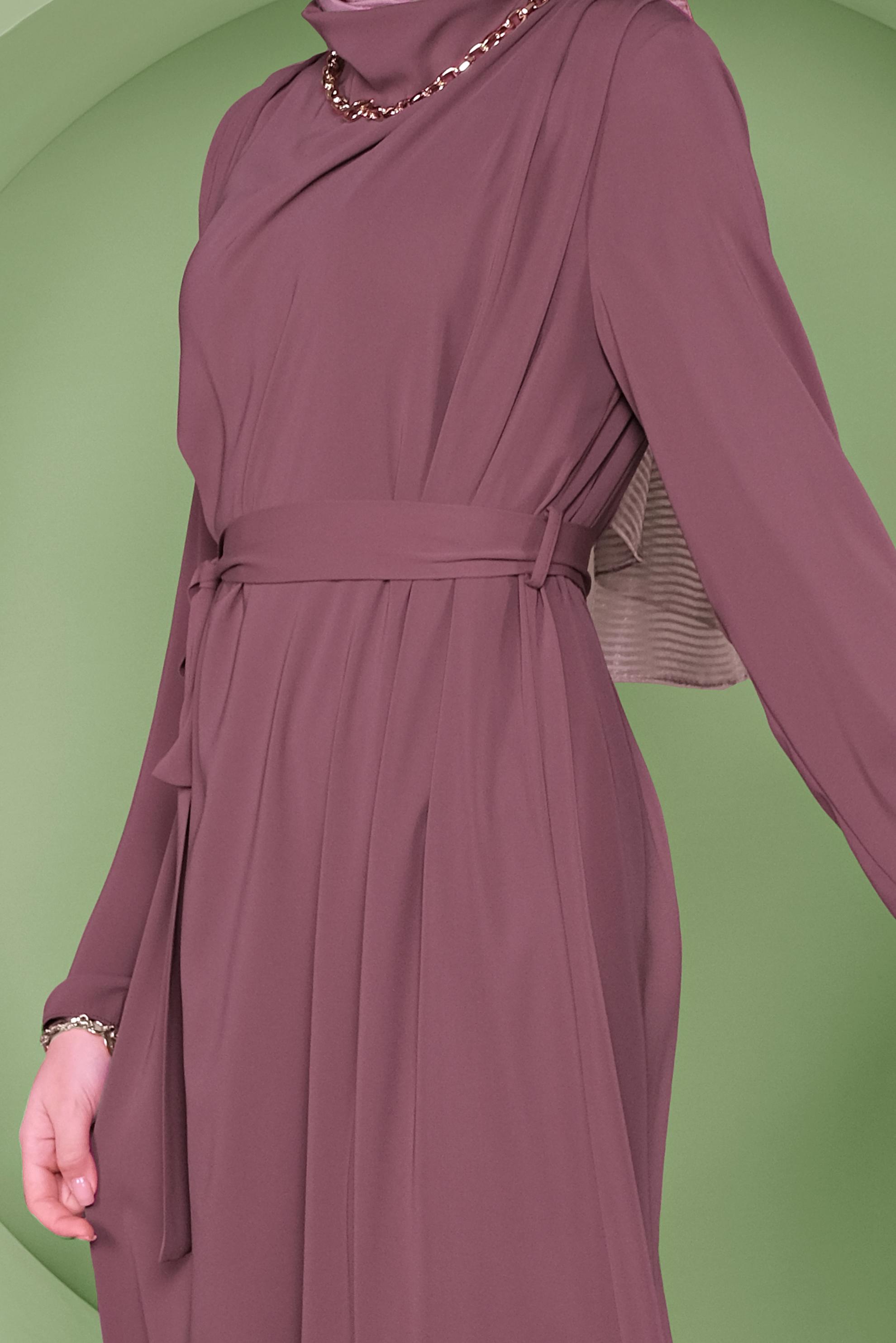 Tesettür giyim PEMBE SALAŞ YAKA DETAYLI ELBİSE 41357