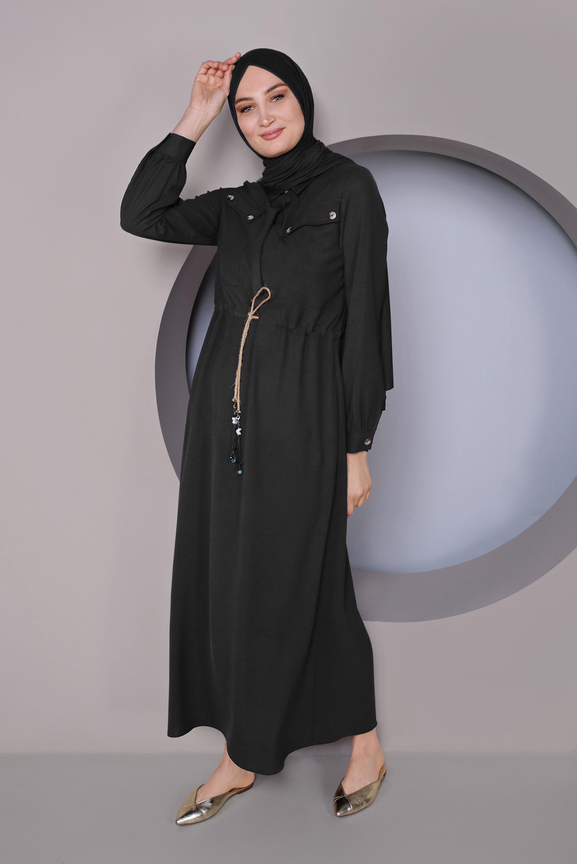 Tesettür giyim SİYAH BELDEN BÜZGÜ BAĞCIKLI ELBİSE 41373