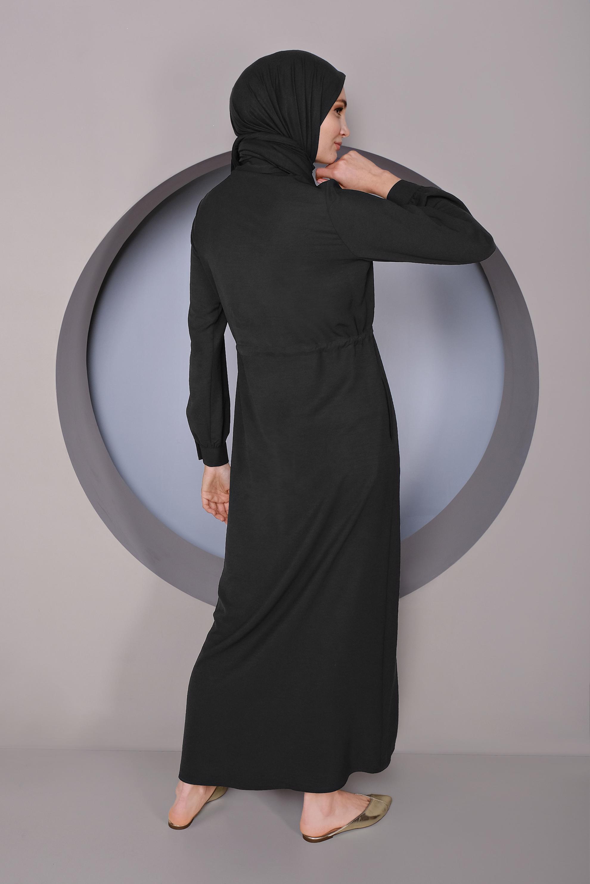 Tesettür giyim SİYAH BELDEN BÜZGÜ BAĞCIKLI ELBİSE 41373