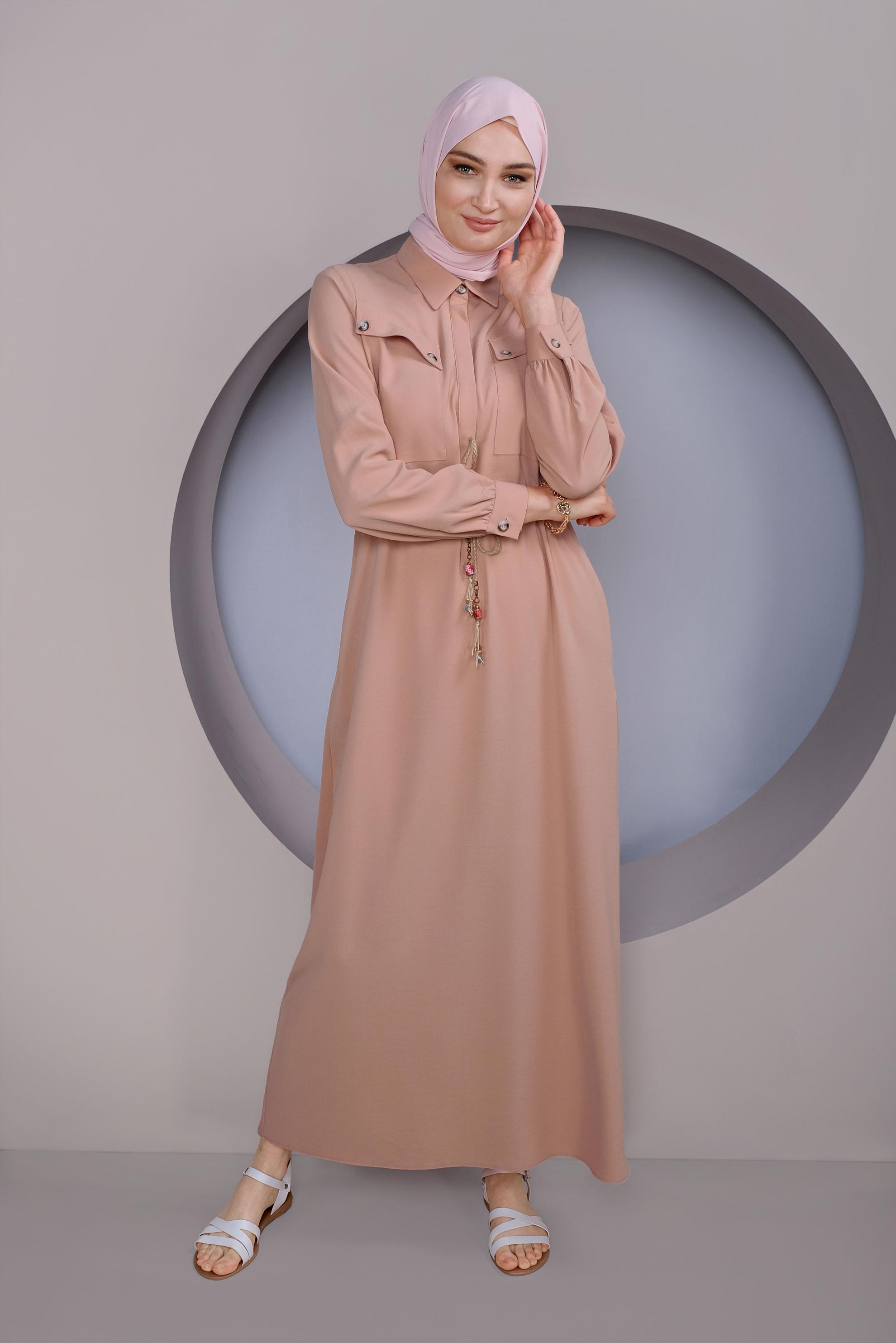 Tesettür giyim PUDRA BELDEN BÜZGÜ BAĞCIKLI ELBİSE 41373