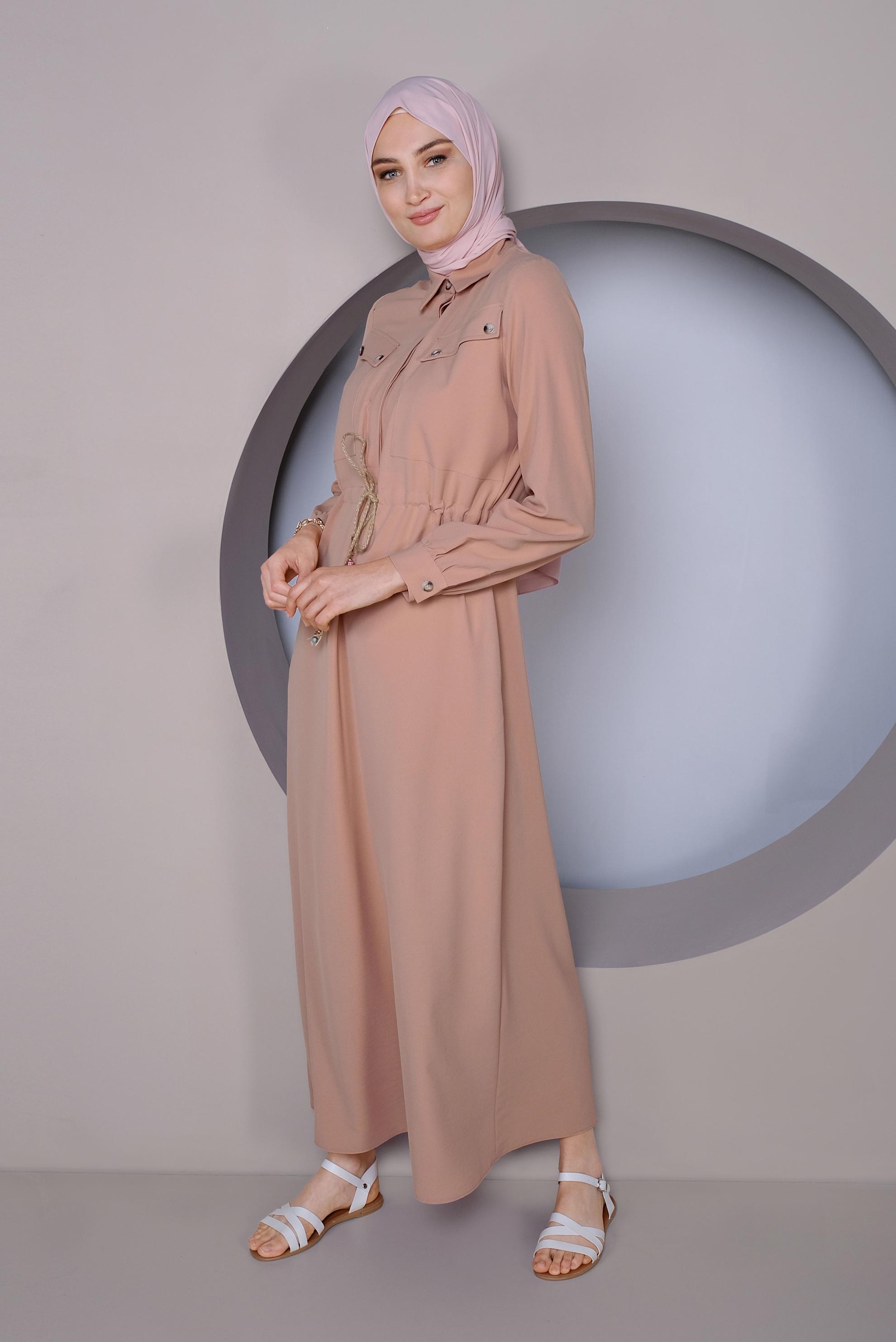 Tesettür giyim PUDRA BELDEN BÜZGÜ BAĞCIKLI ELBİSE 41373