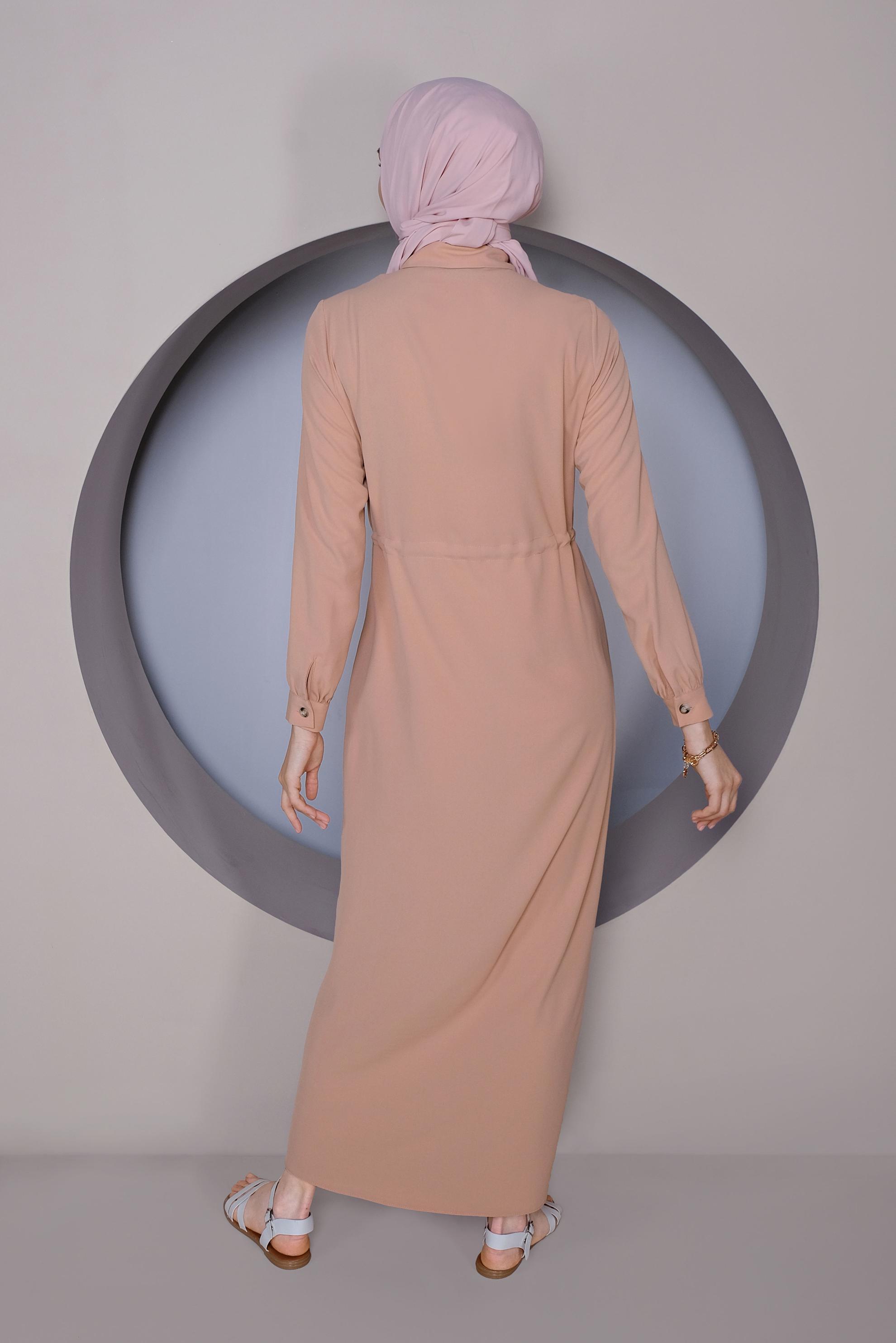 Tesettür giyim PUDRA BELDEN BÜZGÜ BAĞCIKLI ELBİSE 41373