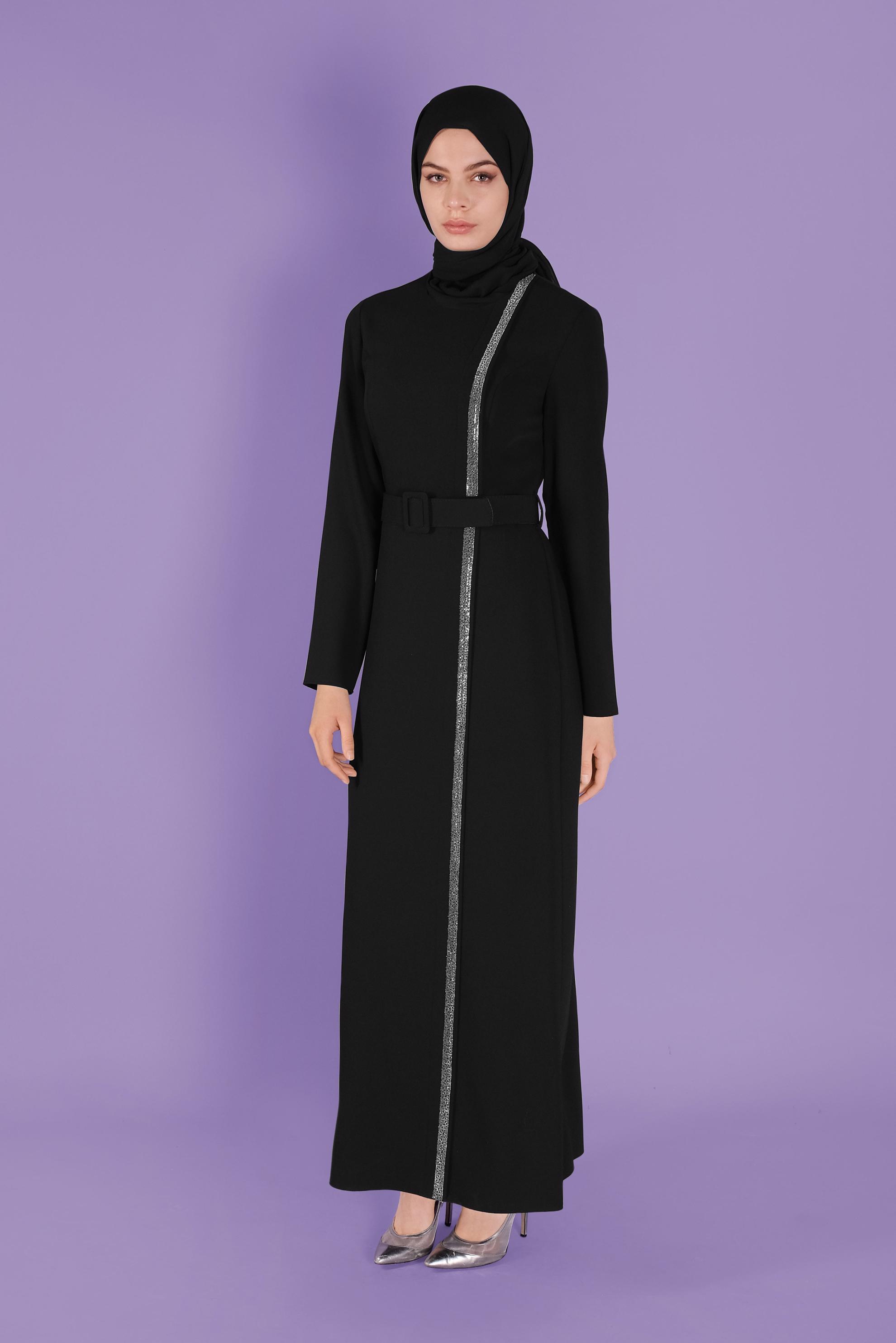 Tesettür giyim SİYAH TAŞ ŞERİT DETAYLI KALEM ELBİSE 41375