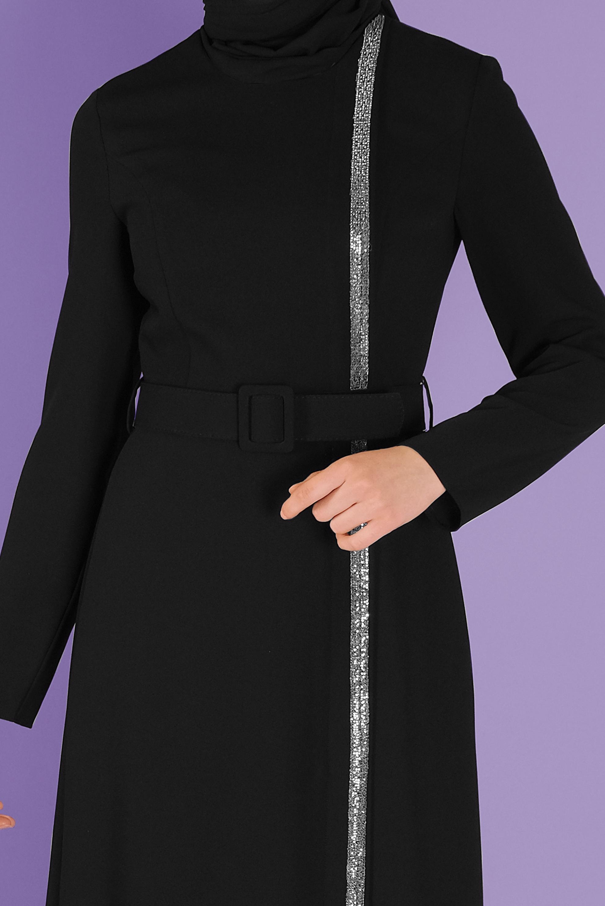 Tesettür giyim SİYAH TAŞ ŞERİT DETAYLI KALEM ELBİSE 41375