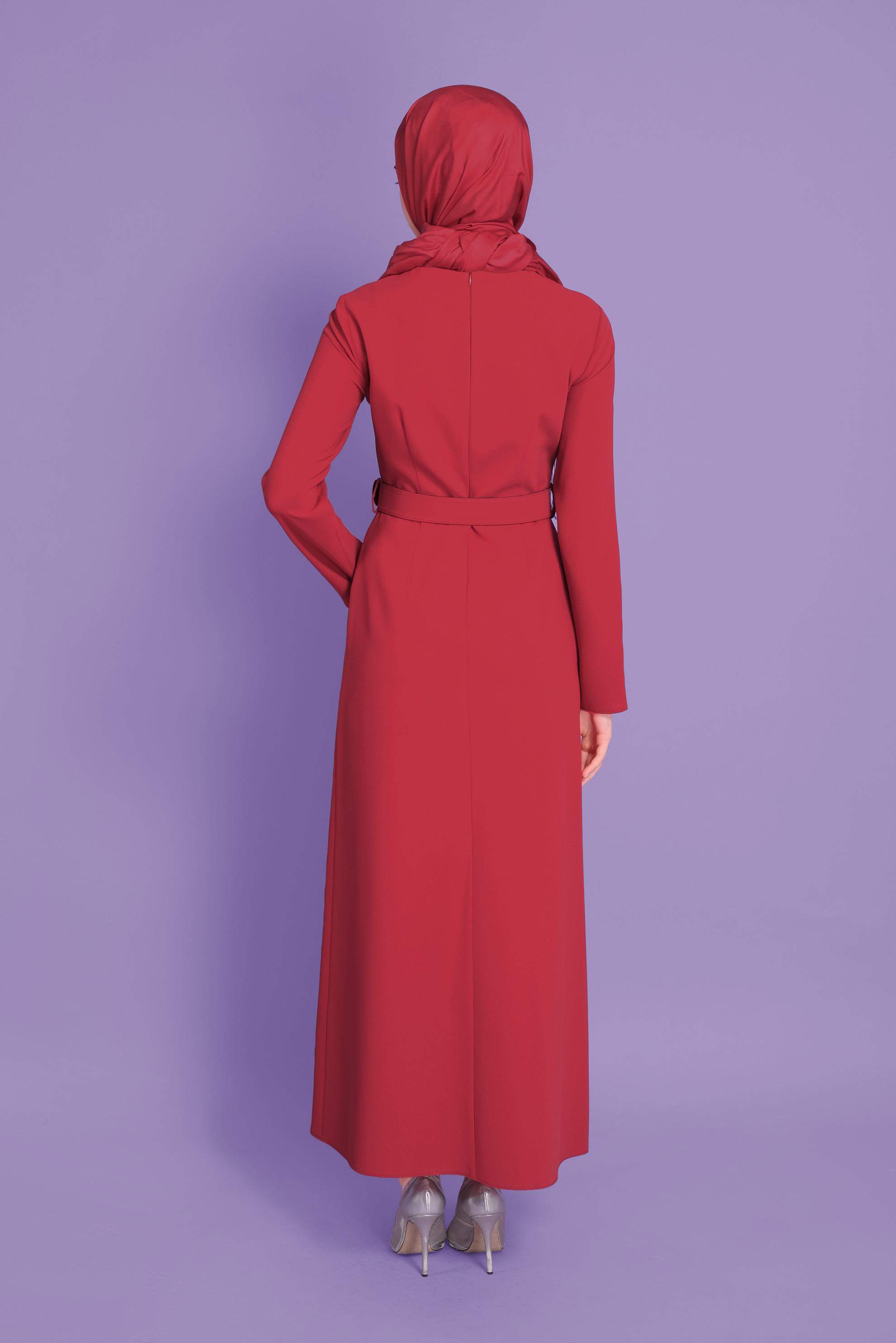 Tesettür giyim KIRMIZI TAŞ ŞERİT DETAYLI KALEM ELBİSE 41375