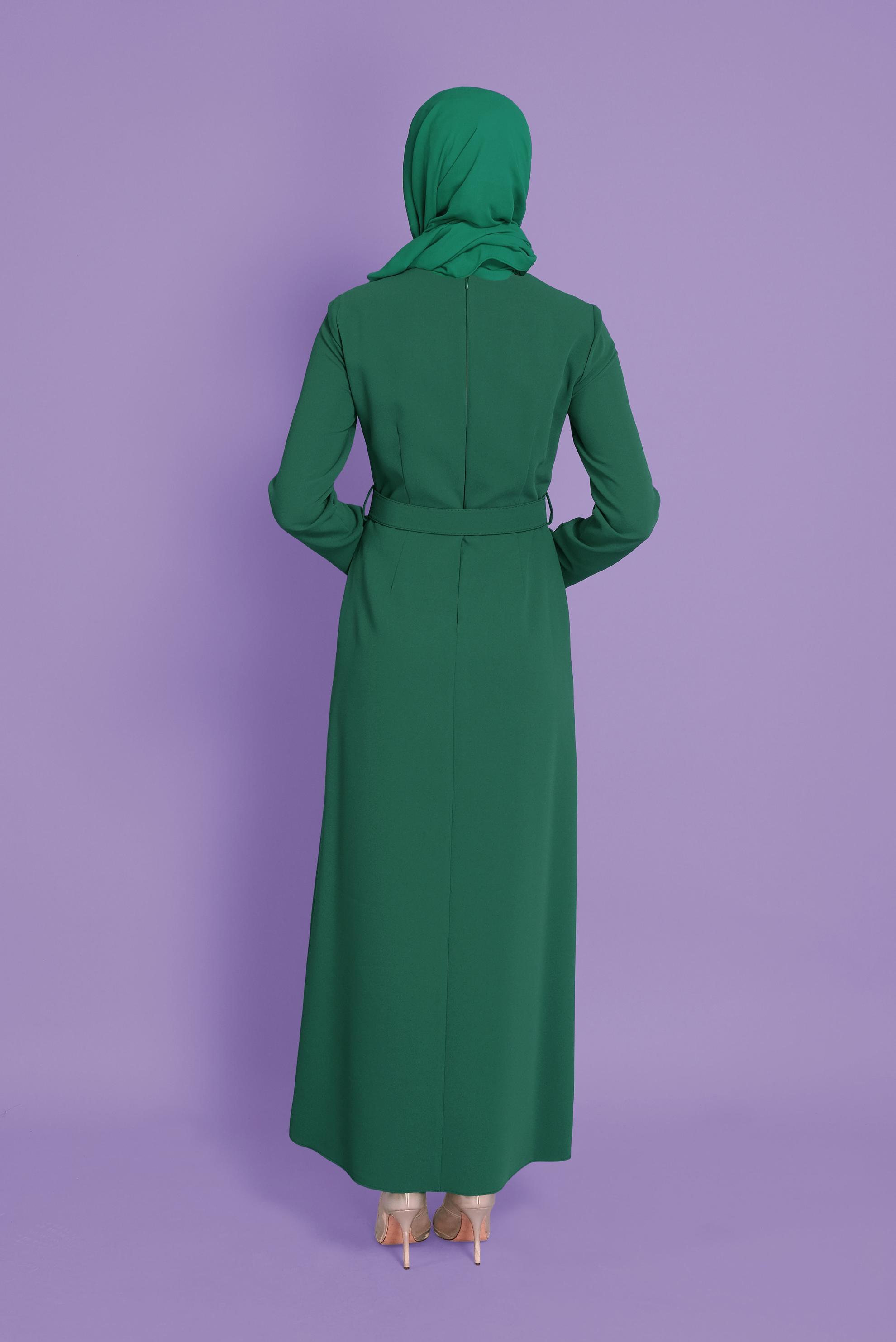 Tesettür giyim YEŞİL TAŞ ŞERİT DETAYLI KALEM ELBİSE 41375