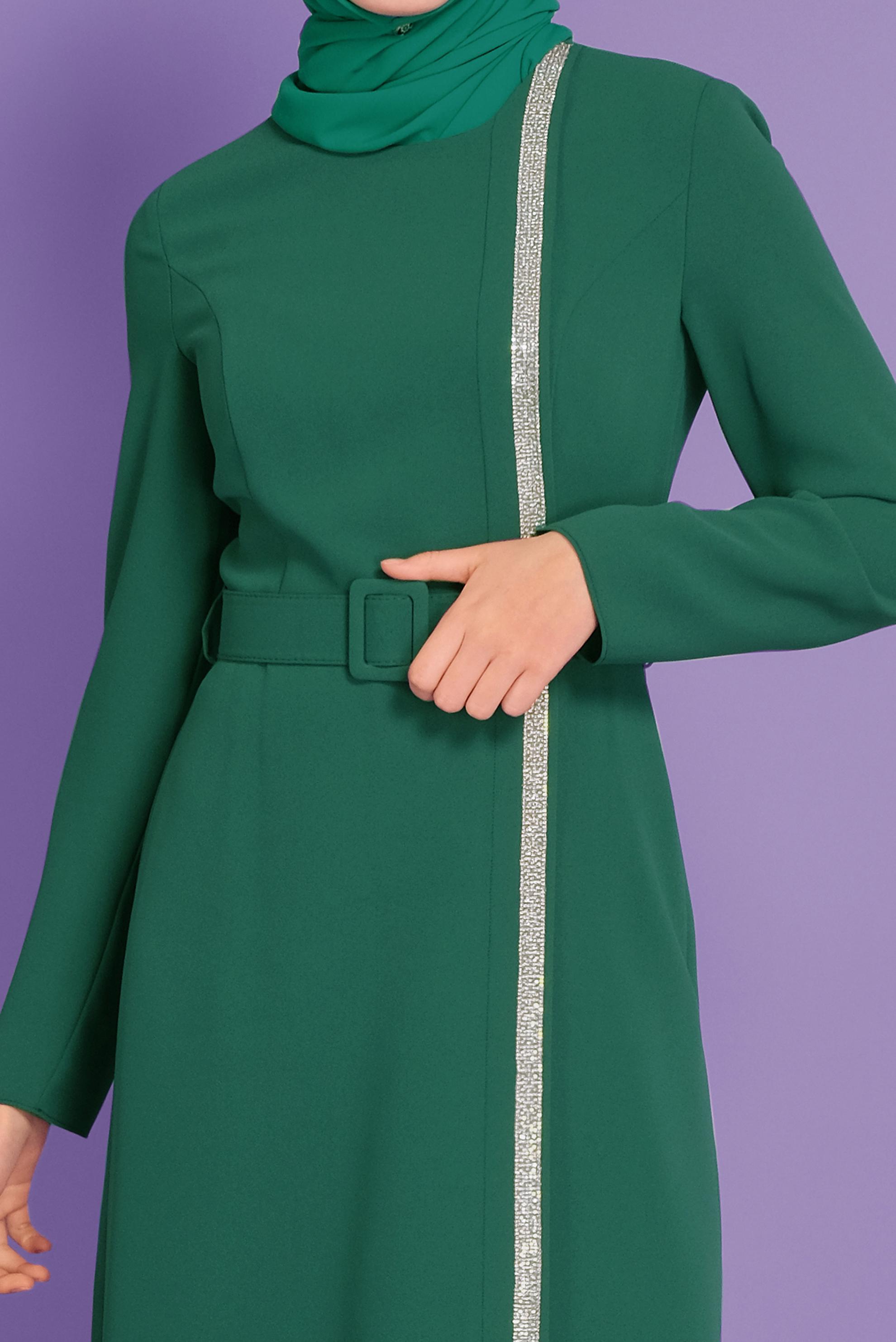 Tesettür giyim YEŞİL TAŞ ŞERİT DETAYLI KALEM ELBİSE 41375