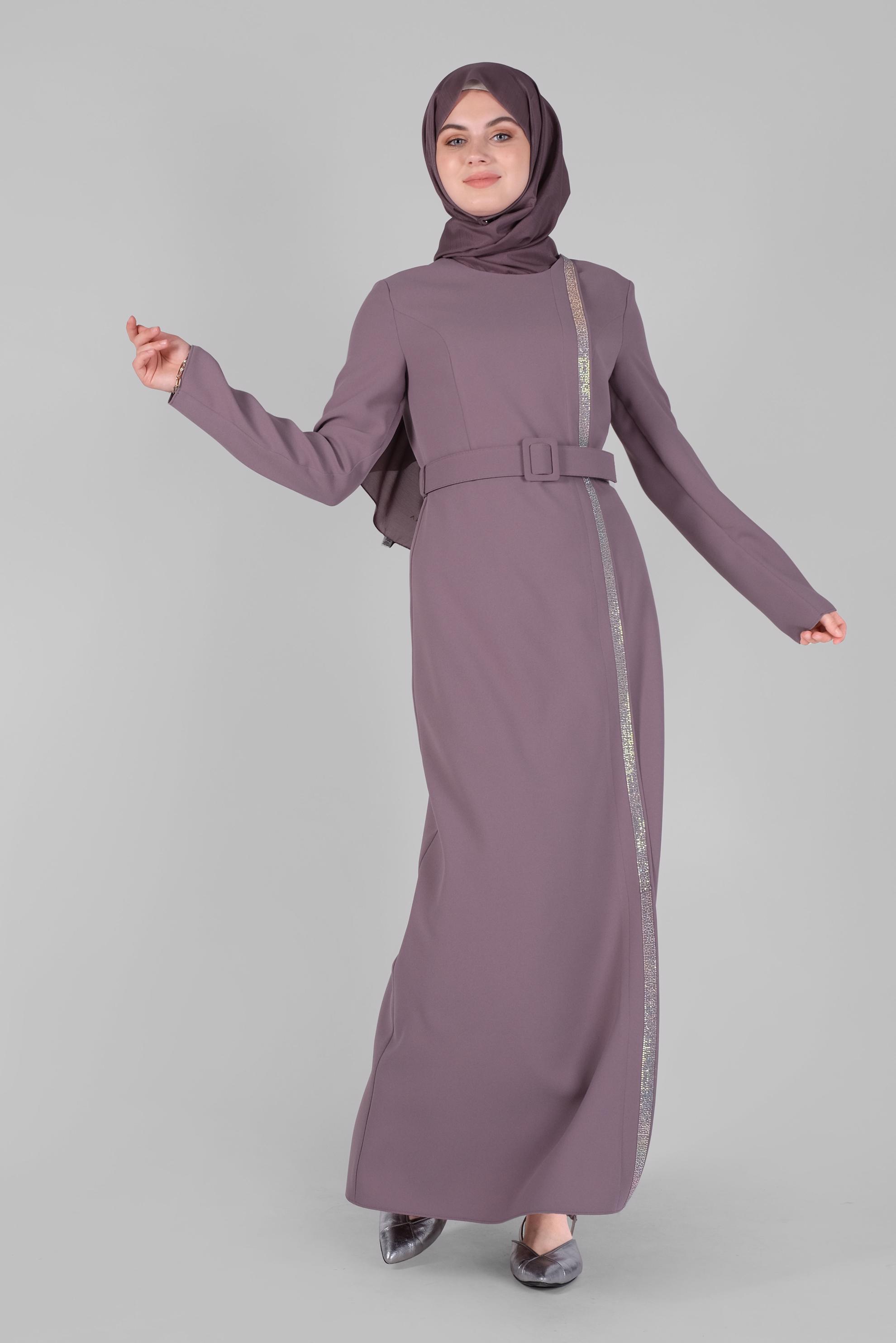 Tesettür giyim PEMBE TAŞ ŞERİT DETAYLI KALEM ELBİSE 41375