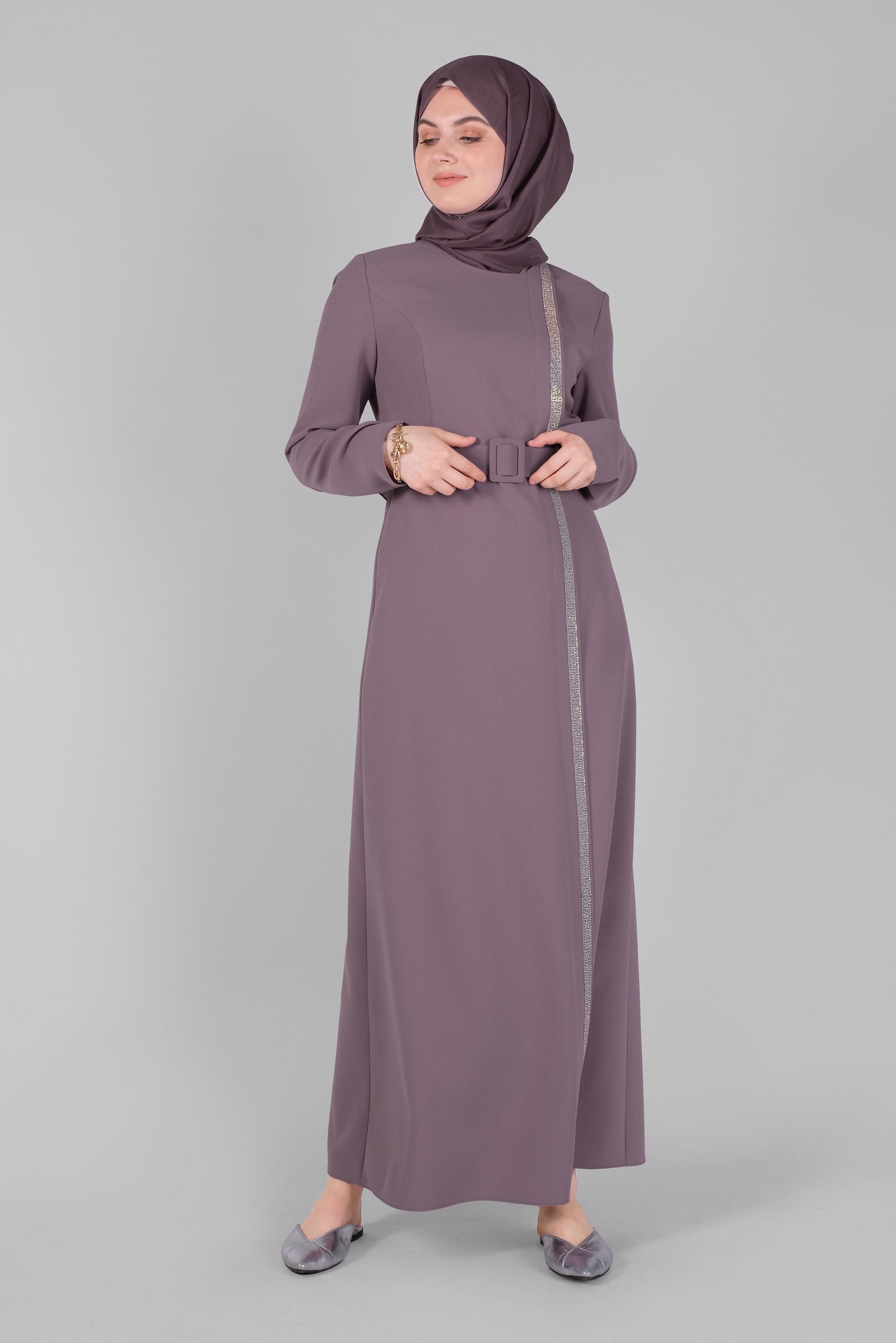 Tesettür giyim PEMBE TAŞ ŞERİT DETAYLI KALEM ELBİSE 41375