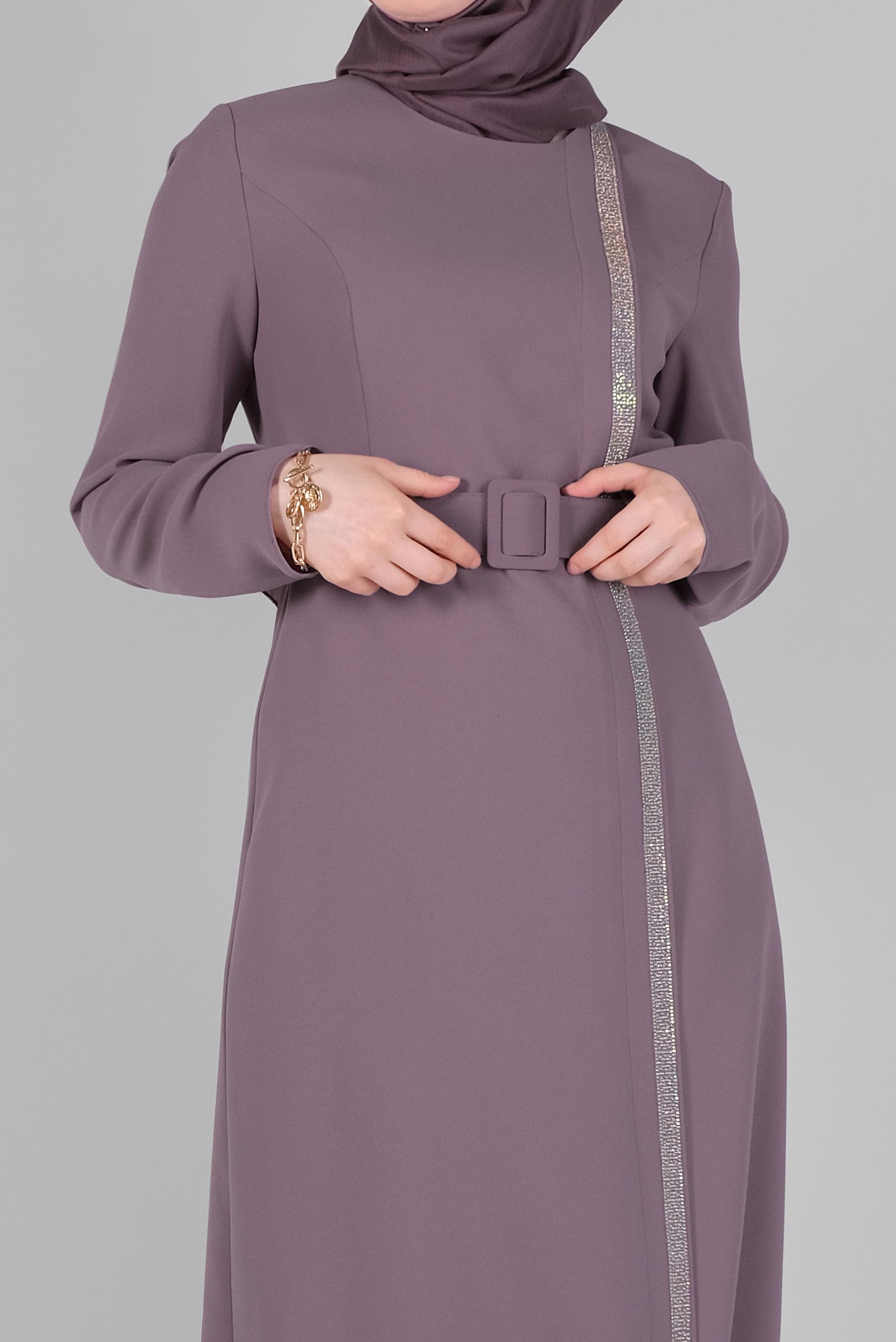 Tesettür giyim PEMBE TAŞ ŞERİT DETAYLI KALEM ELBİSE 41375