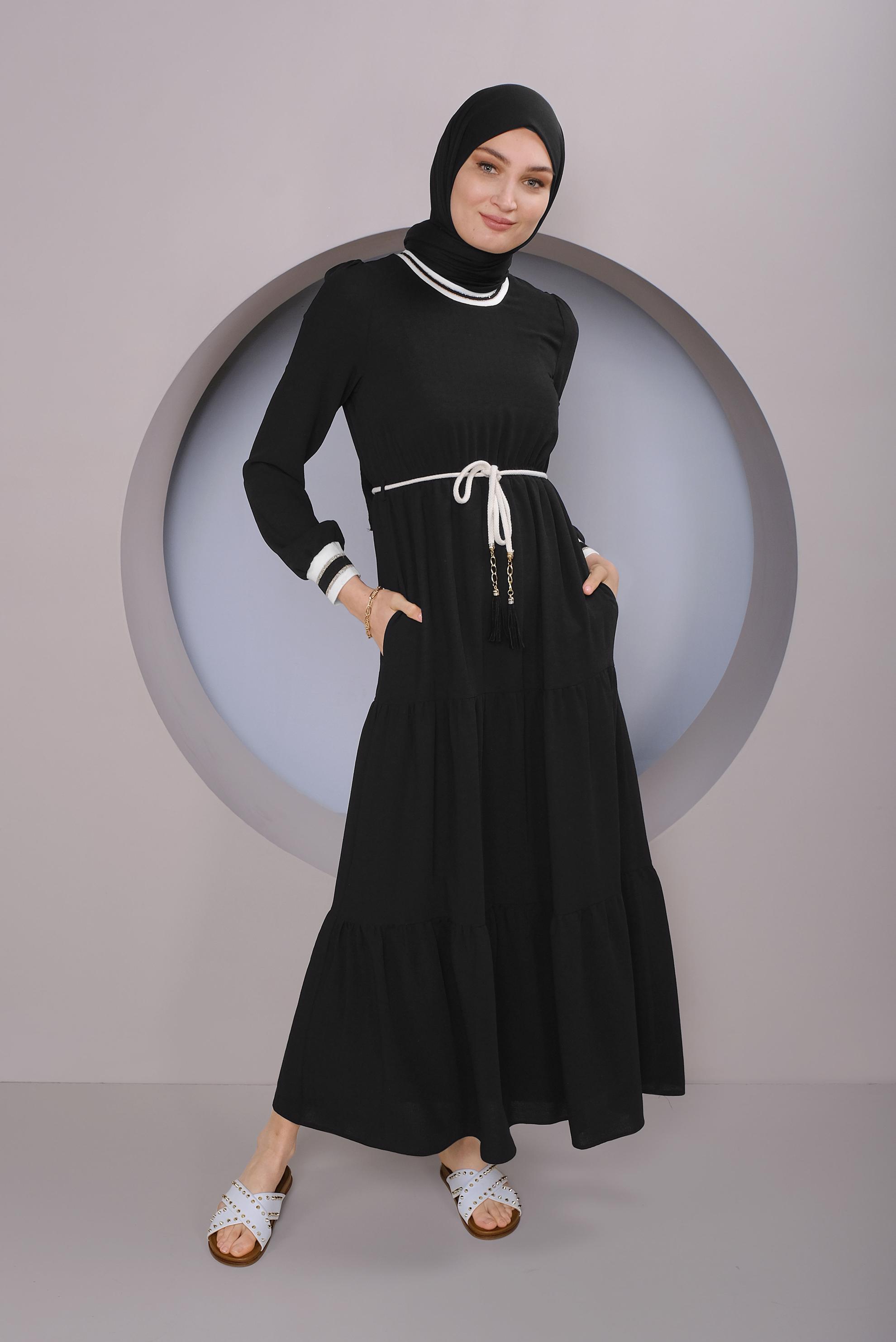 Tesettür giyim SİYAH MANŞETLERİ LASTİKLİ ELBİSE 41382