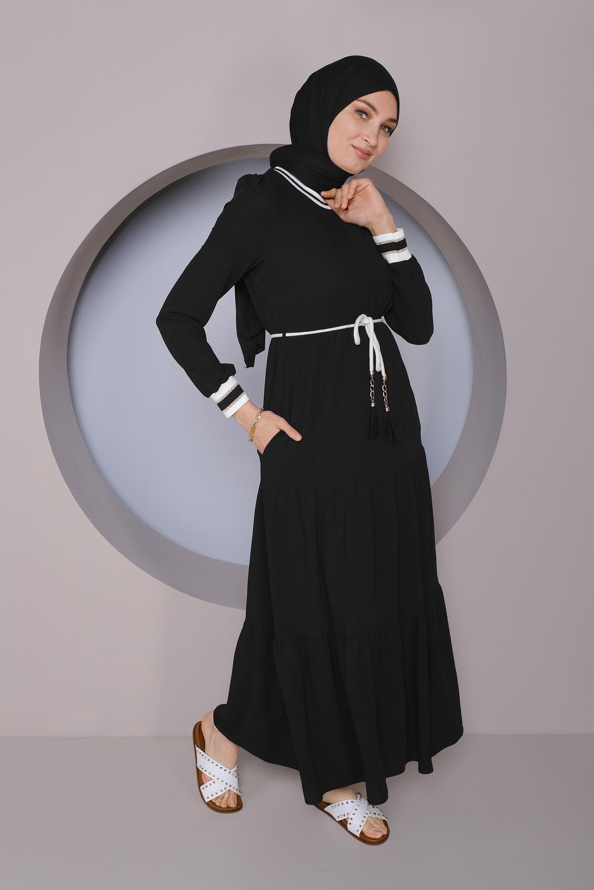 Tesettür giyim SİYAH MANŞETLERİ LASTİKLİ ELBİSE 41382