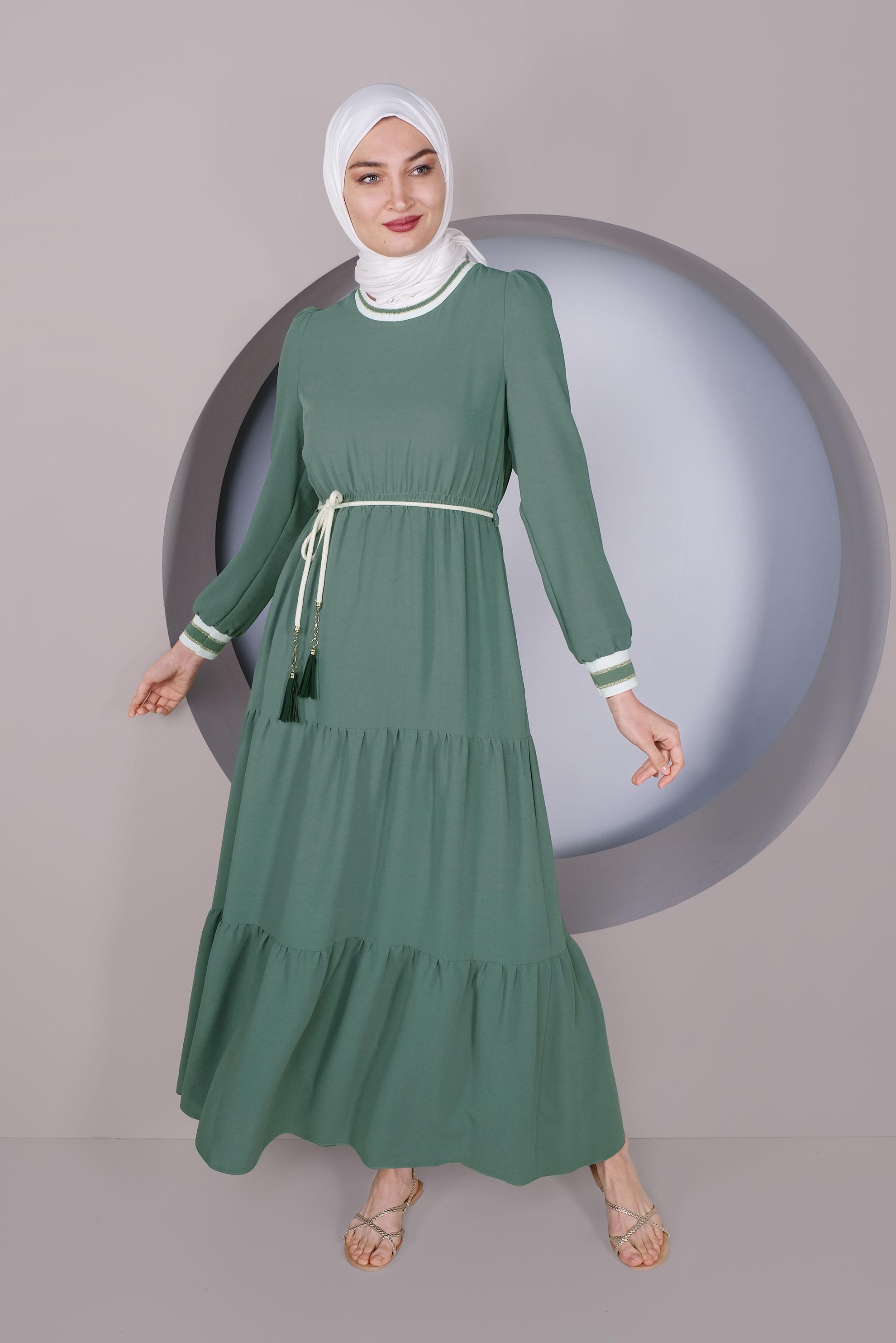 Tesettür giyim YEŞİL MANŞETLERİ LASTİKLİ ELBİSE 41382