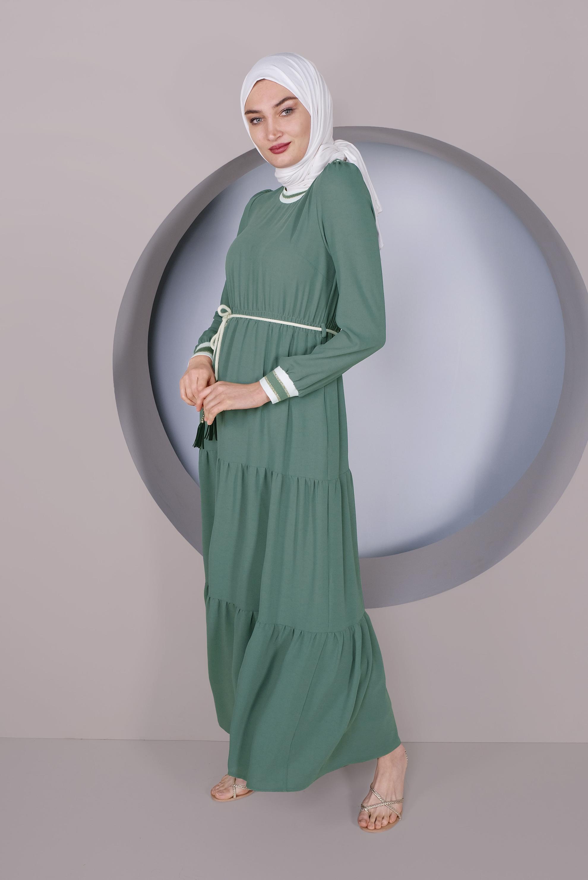 Tesettür giyim YEŞİL MANŞETLERİ LASTİKLİ ELBİSE 41382