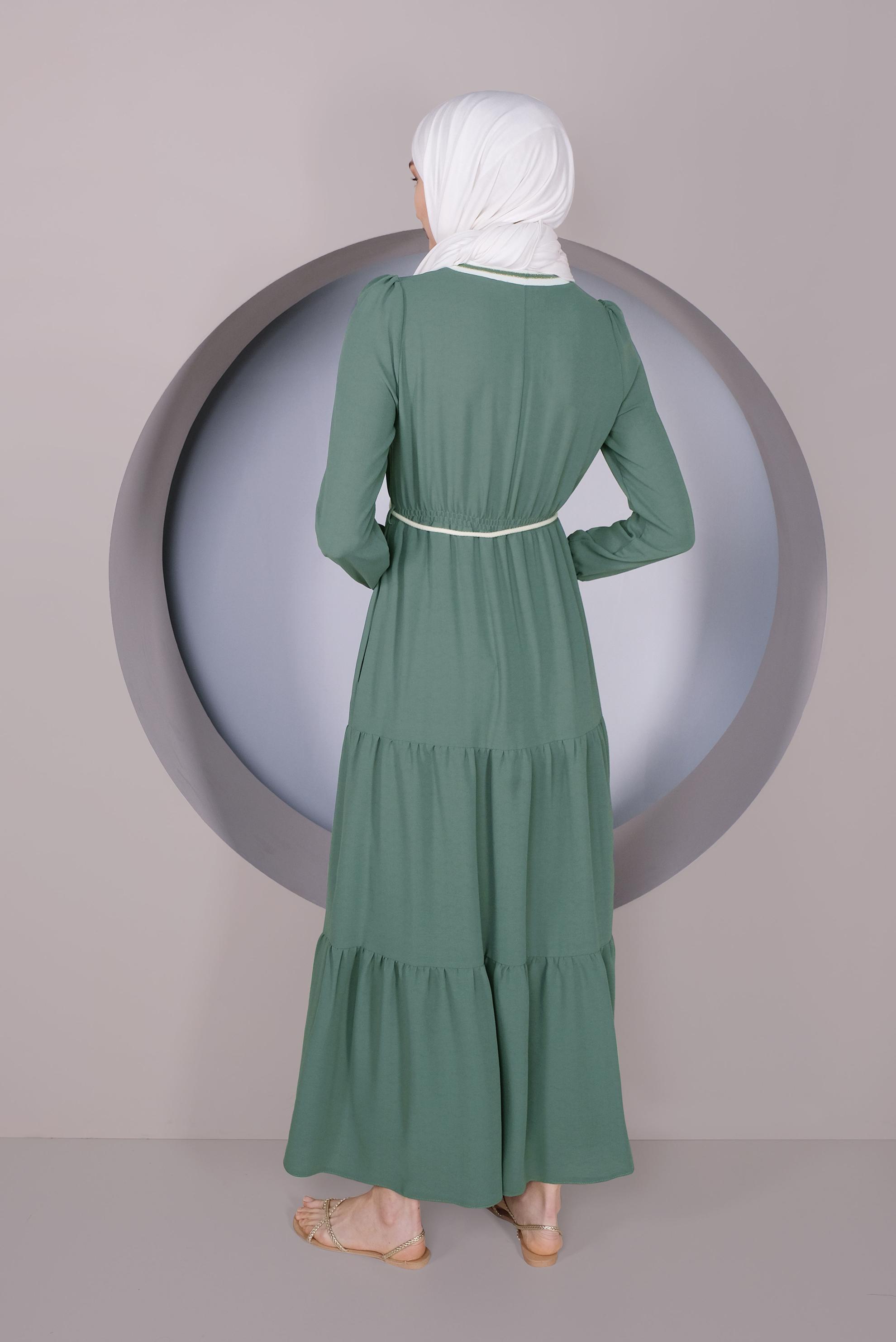 Tesettür giyim YEŞİL MANŞETLERİ LASTİKLİ ELBİSE 41382