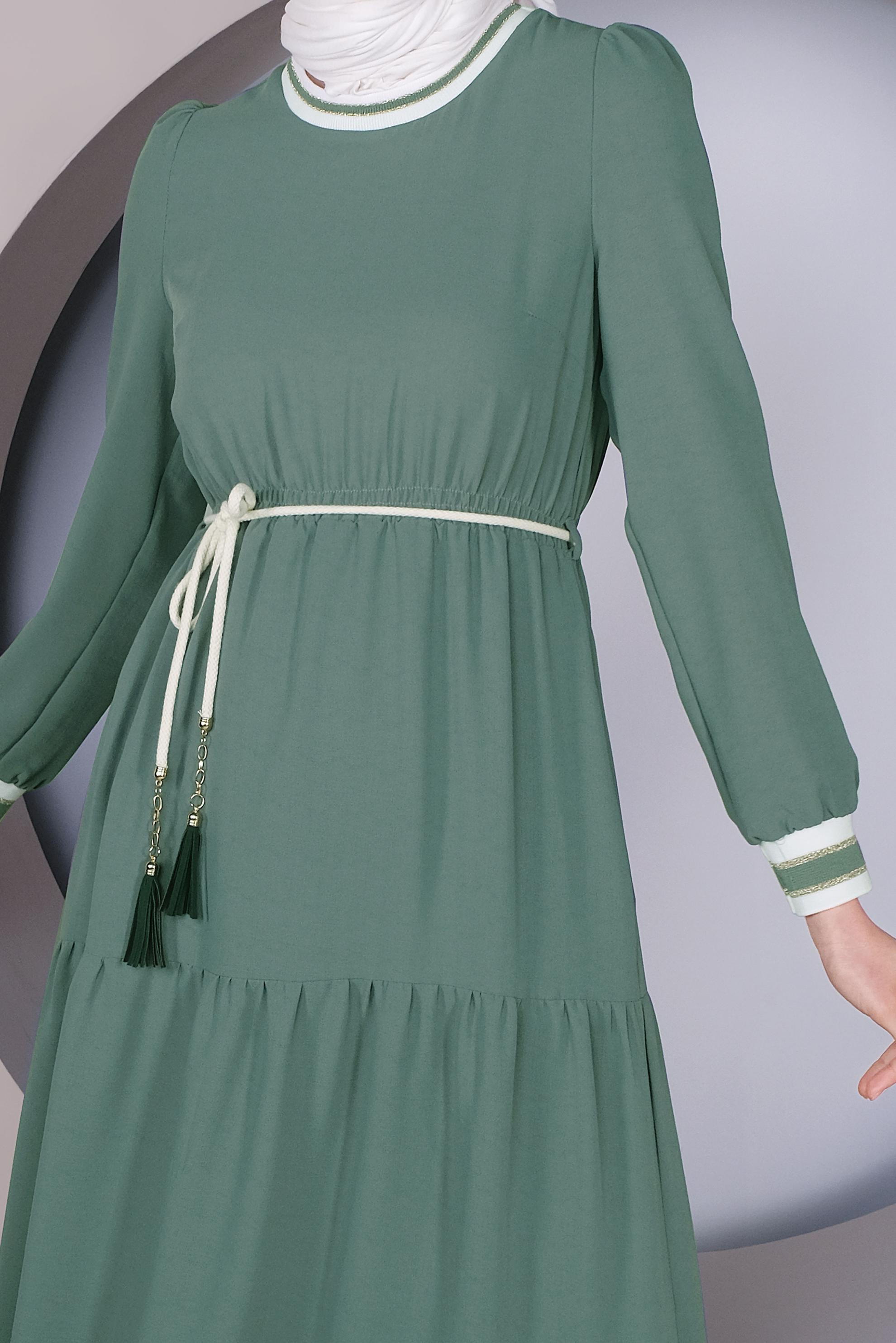 Tesettür giyim YEŞİL MANŞETLERİ LASTİKLİ ELBİSE 41382