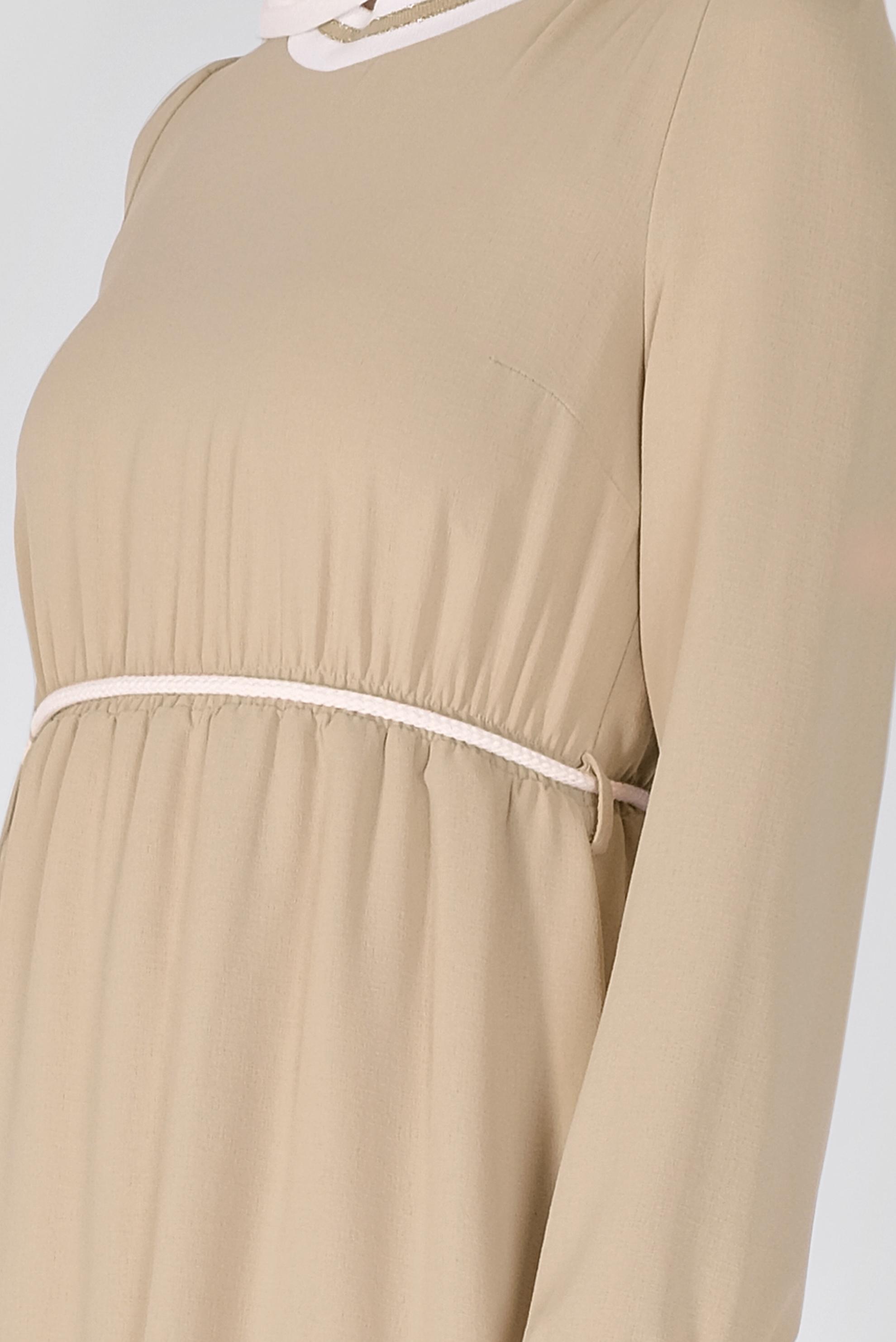 Tesettür giyim BEJ MANŞETLERİ LASTİKLİ ELBİSE 41382