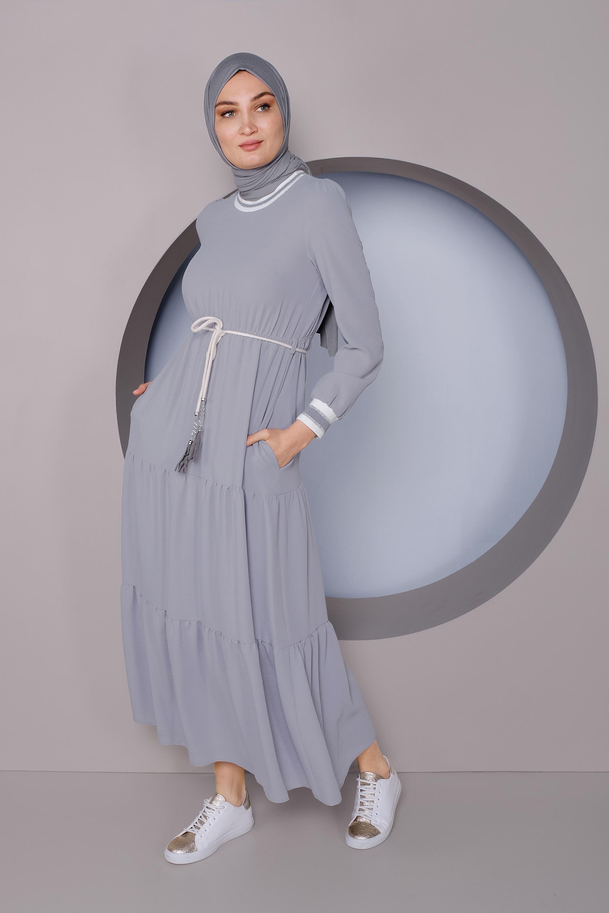 Tesettür giyim GRİ MANŞETLERİ LASTİKLİ ELBİSE 41382