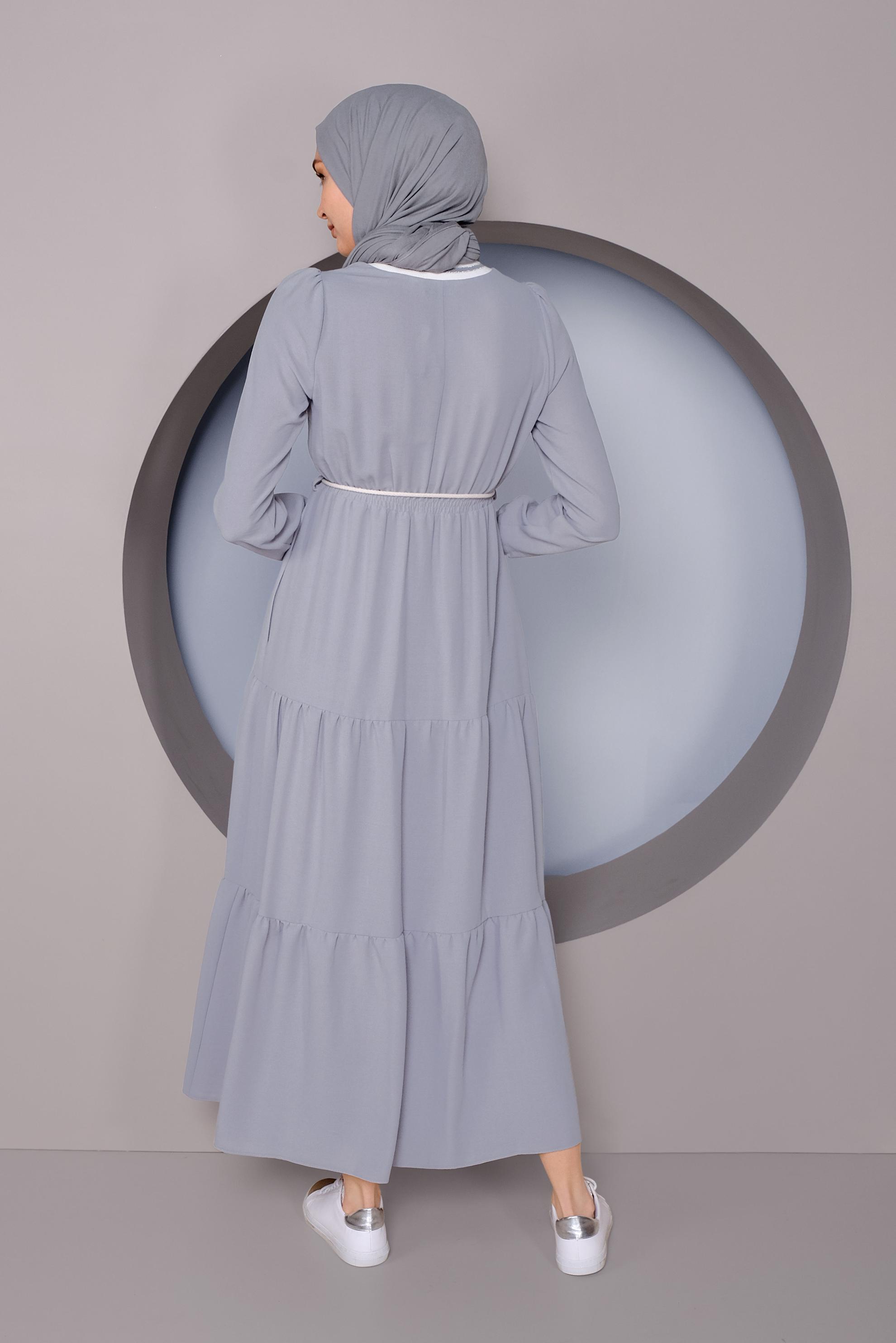 Tesettür giyim GRİ MANŞETLERİ LASTİKLİ ELBİSE 41382