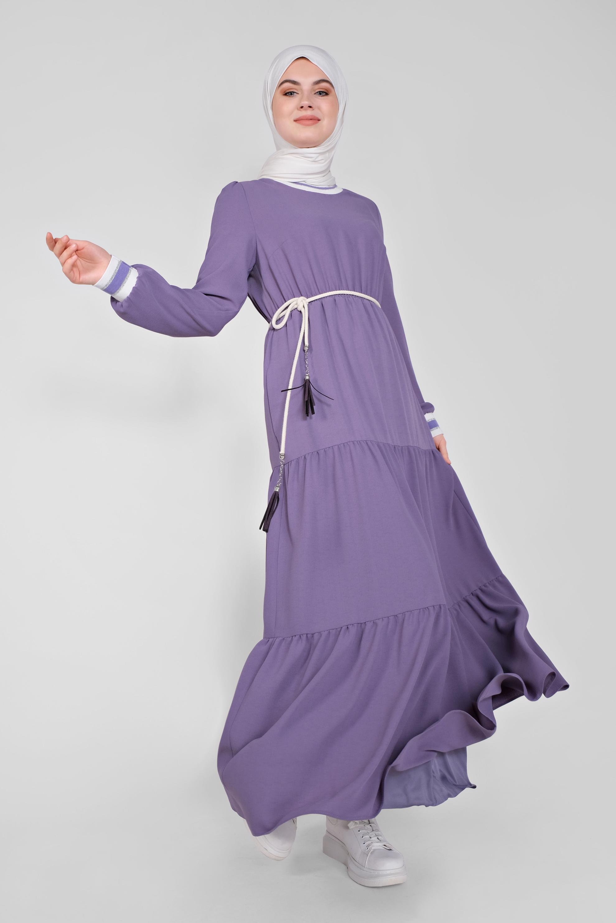 Tesettür giyim MOR MANŞETLERİ LASTİKLİ ELBİSE 41382